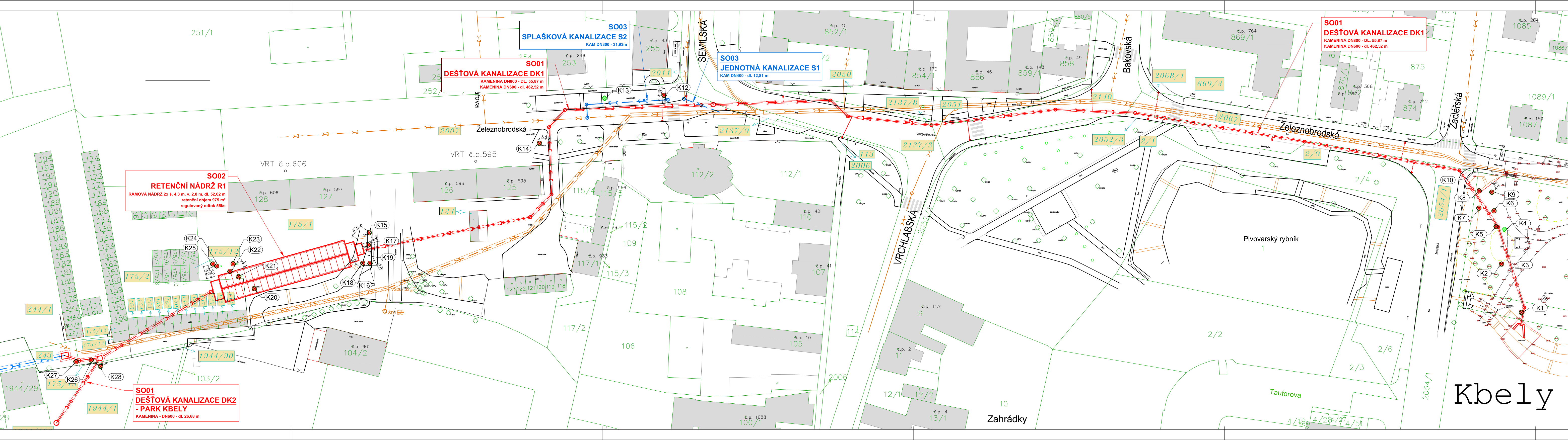 Situační nákres plánované kanalizační sítě a retenční nádrže v lokalitě Kbely.