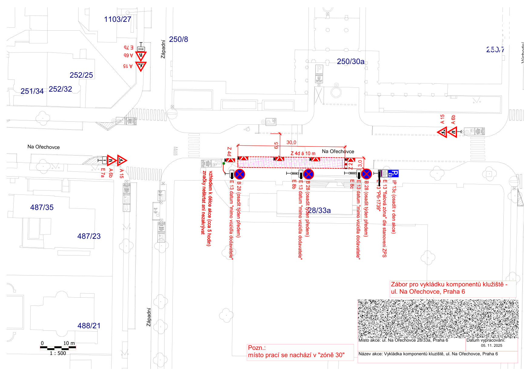 Dopravně-inženýrské schéma záboru veřejného prostranství pro vykládku komponentů kluziště v ulici Na Ořechovce.