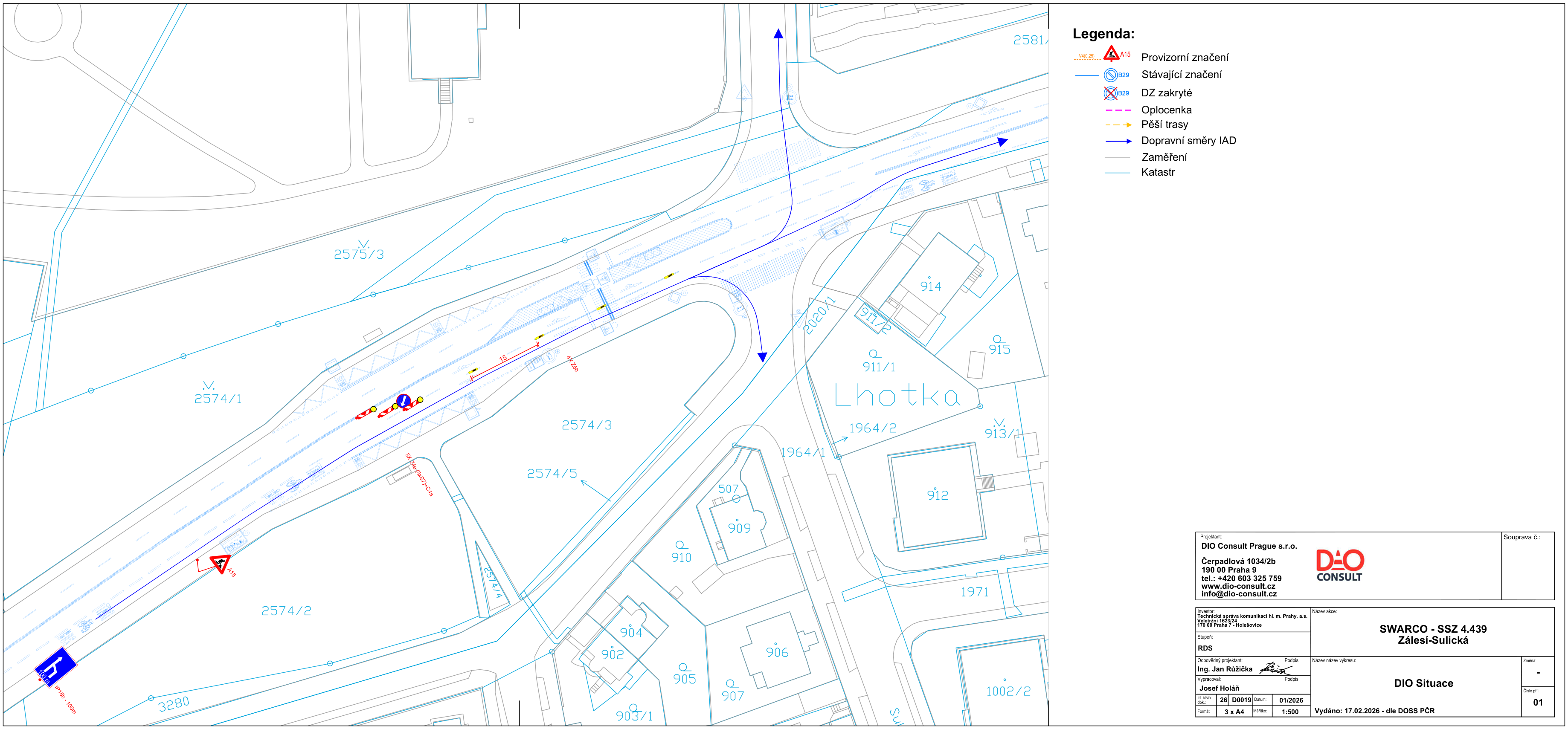 Situační nákres DIO (Dopravně inženýrské opatření) pro lokalitu Zálesí-Sulická, projekt SWARCO - SSZ 4.439. Dokument obsahuje legendu: provizorní značení, stávající značení, DZ zakryté, oplocenka, pěší trasy, dopravní směry IAD, zaměření, katastr. V pravém dolním rohu jsou údaje o projektantovi: DIO Consult Prague s.r.o., Čerpadlová 1034/2b, 190 00 Praha 9, tel: +420 603 325 759, www.dio-consult.cz. Zodpovědný projektant: Ing. Jan Růžička, vypracoval: Josef Holáň. Datum vydání: 17.02.2026, měřítko 1:500.