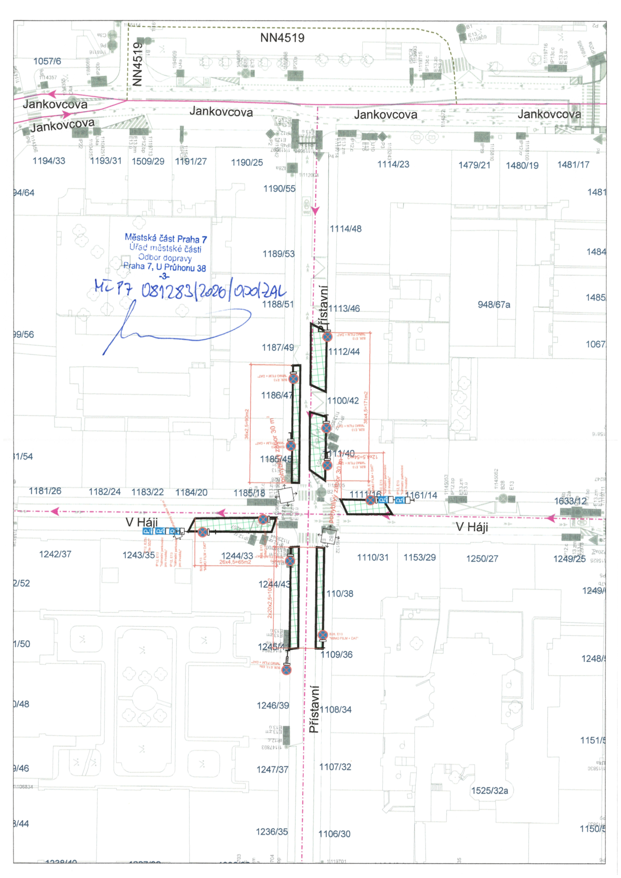 Koordinační situační výkres dopravního značení a parkovacích stání v ulicích Přístavní a V Háji.