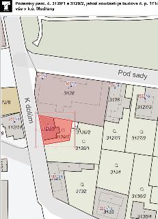 Katastrální mapa zobrazující pozemky parc. č. 3129/1 a 3129/2, jejichž součástí je budova č. p. 171/9, v k.ú. Modřany. Mapa obsahuje názvy ulic 'Pod sady' a 'K…