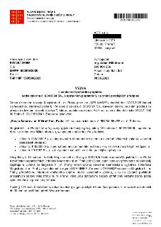Výzva k zaplacení správního poplatku od Magistrátu hl. m. Prahy, Odbor územního rozvoje, adresovaná společnosti ADR, s.r.o., Libínská 3127/1, 150 00 Praha 5. Č…