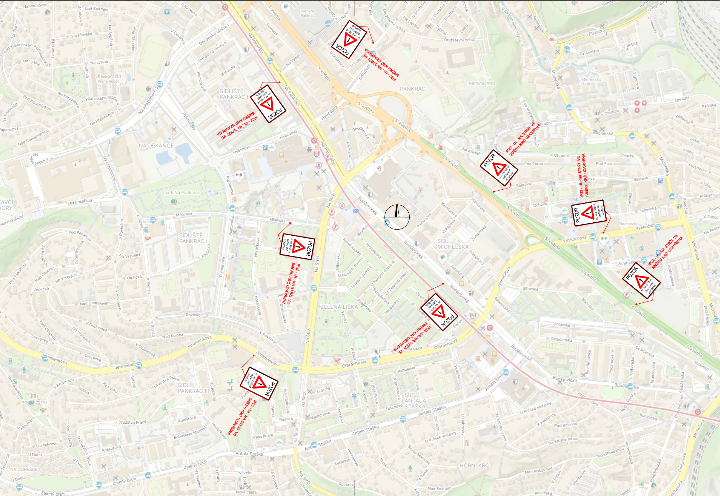 Situační plán uzavírky ulice Na Strži v Praze. Mapa zobrazuje oblast Pankráce a okolí s vyznačenými body uzavírky. U každého z osmi varovných symbolů (trojúhelník s vykřičníkem a nápisem POZOR) je uveden text: 'IP22 - UL. NA STRŽI VE SMĚRU KRČ UZAVŘENA'.