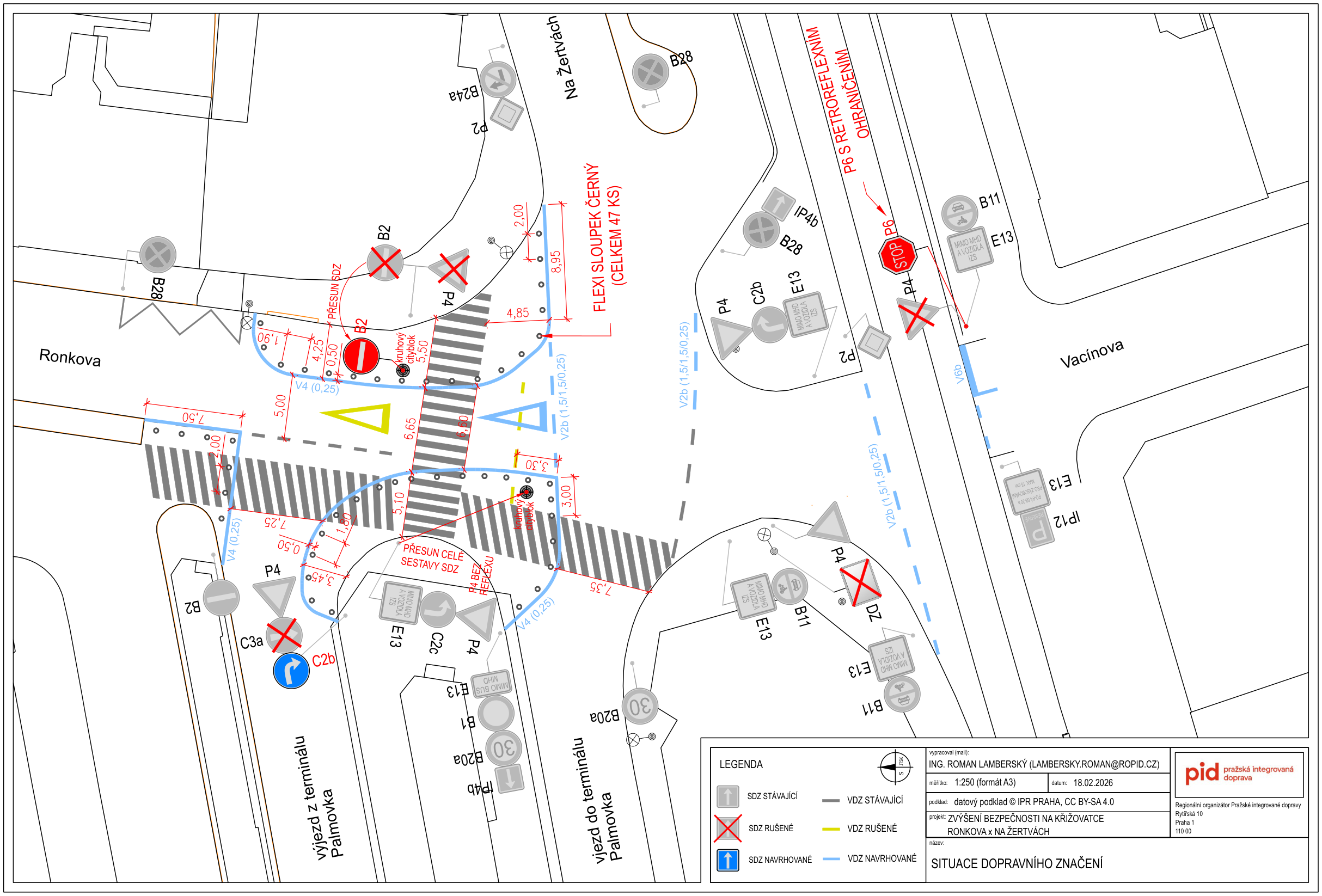 Situační nákres dopravního značení na křižovatce ulic Ronkova a Na Žertvách. Dokument obsahuje technické parametry úprav (rozměry v metrech, umístění značek, instalaci flexi sloupků). Klíčové informace: Zpracovatel Ing. Roman Lamberský, datum 18.02.2026, název projektu 'Zvýšení bezpečnosti na křižovatce Ronkova x Na Žertvách'. Legenda rozlišuje stávající, rušené a navrhované vodorovné a svislé dopravní značení. Zahrnuje ulice Ronkova, Na Žertvách, Vacínova a vjezdy/výjezdy z terminálu Palmovka.