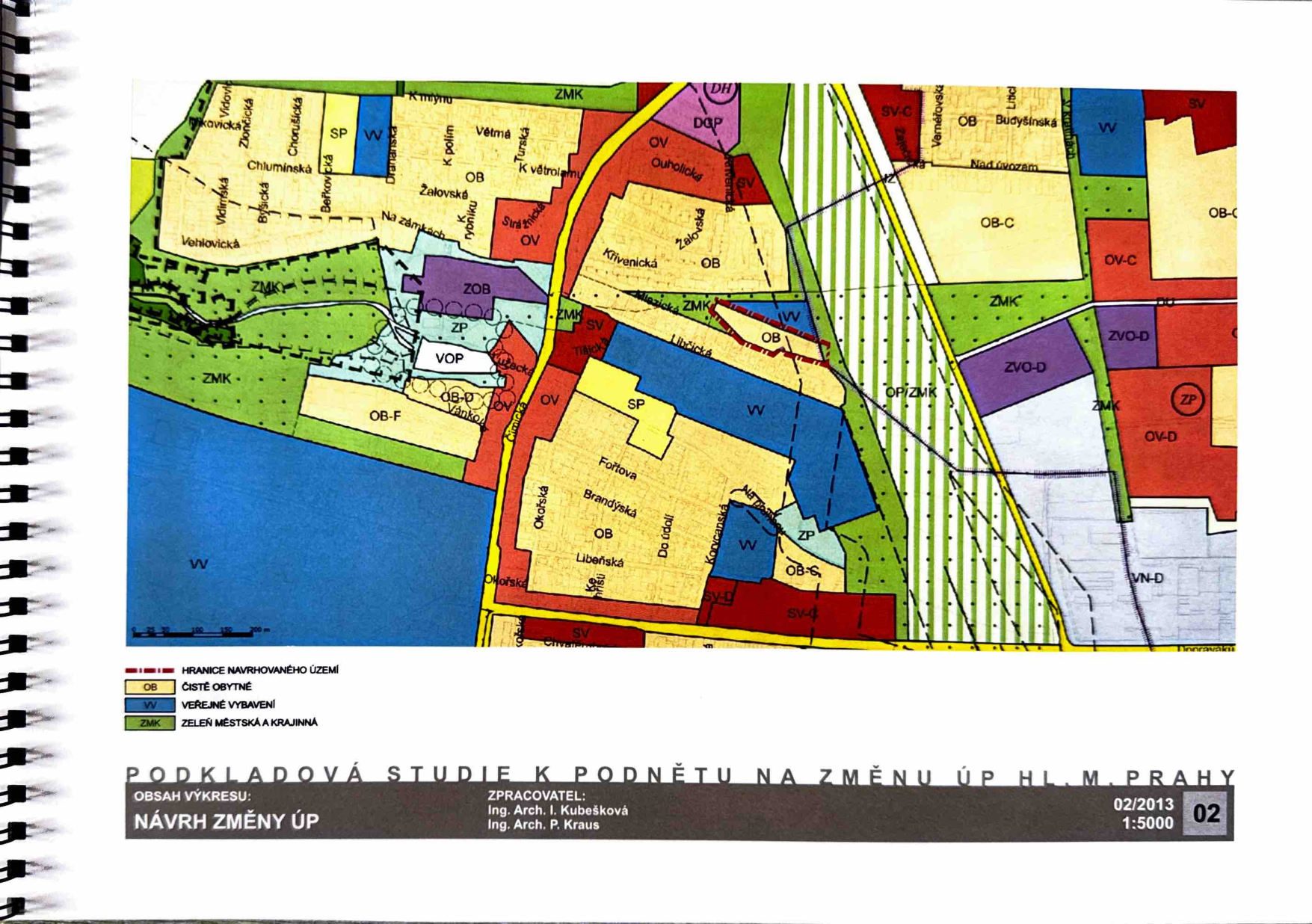 Mapa návrhu změny územního plánu hl. m. Prahy s vyznačenými funkčními plochami.