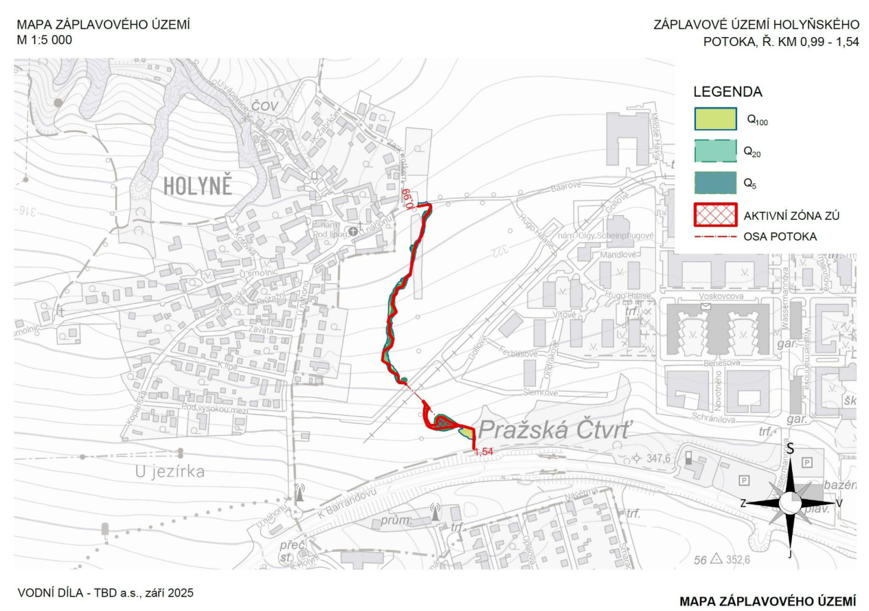 Mapa záplavového území Holyňského potoka, ř. km 0,99 - 1,54. Měřítko 1:5 000. Mapa zobrazuje záplavová území Q100 (žlutá), Q20 (světle modrá) a Q5 (tmavě modrá) podél toku potoka v oblasti Holyně a Pražské čtvrti. Vyznačena je aktivní zóna záplavového území (červené šrafování) a osa potoka. V legendě jsou uvedeny barvy pro jednotlivé průtoky. Dokument vypracovalo VODNÍ DÍLA - TBD a.s., září 2025.