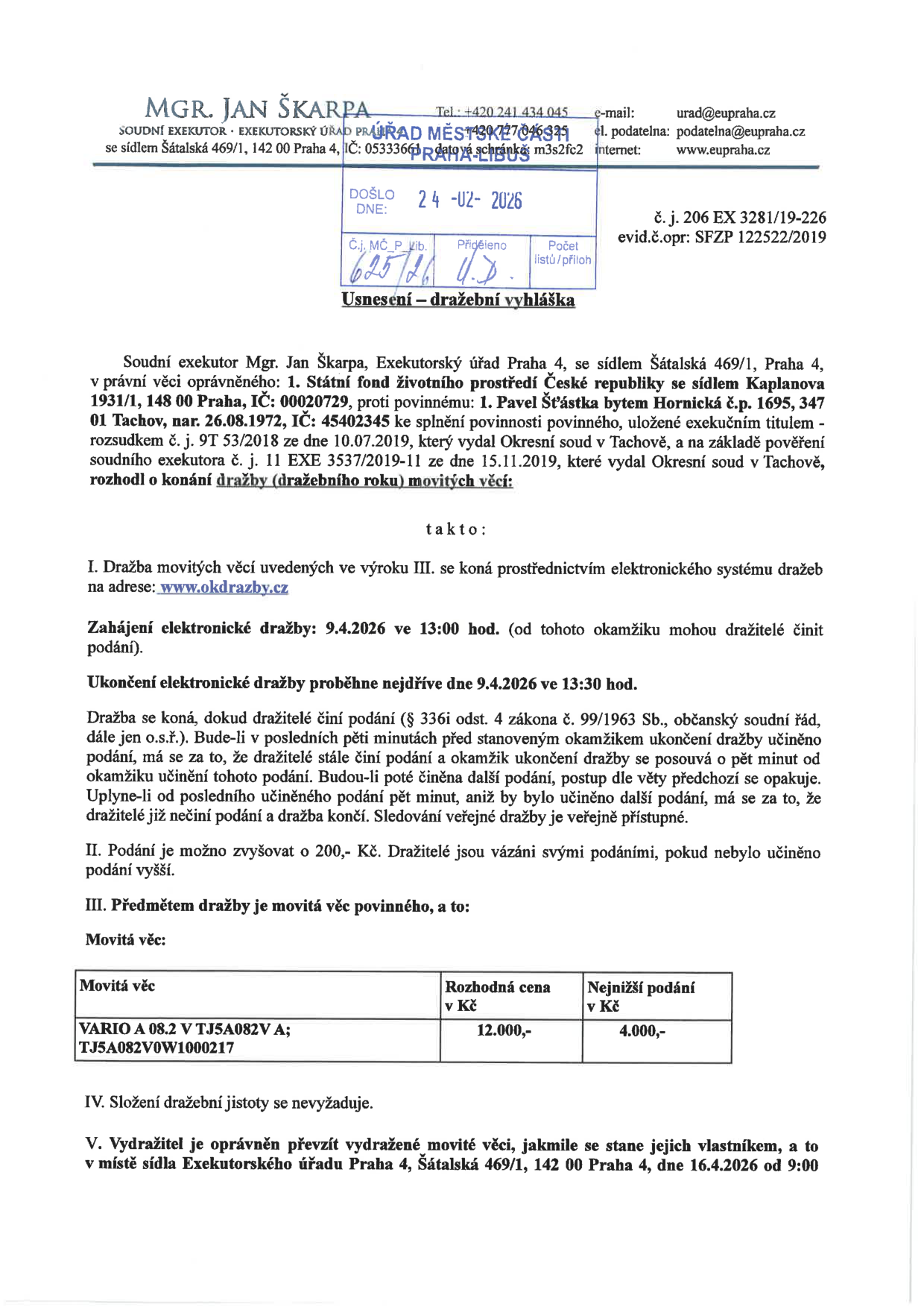 Dokument o dražební vyhlášce movité věci (přívěsný vozík VARIO A 08.2).