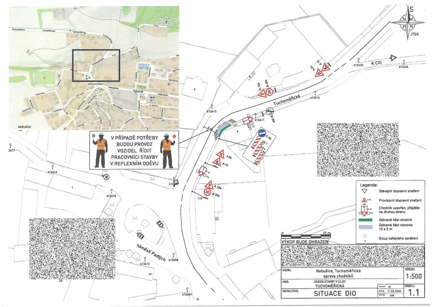 Situační nákres dopravního značení a záboru komunikace pro opravu chodníku v ulici Tuchoměřická.