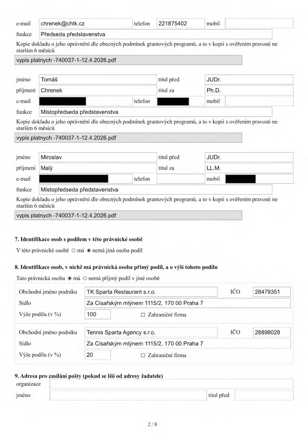 Stránka 2/8 úředního formuláře obsahující údaje o statutárních zástupcích a majetkových podílech. 1. Zástupce: e-mail chrenek@chtk.cz, telefon 221875402, funkce Předseda představenstva, příloha výpis platných -740037-1-12.4.2026.pdf. 2. Zástupce: Tomáš Chrenek, JUDr. Ph.D., funkce Místopředseda představenstva, příloha výpis platných -740037-1-12.4.2026.pdf. 3. Zástupce: Miroslav Malý, JUDr. LL.M., funkce Místopředseda představenstva, příloha výpis platných -740037-1-12.4.2026.pdf. Sekce 7: Právnická osoba nemá jinou osobu podíl. Sekce 8: Identifikace osob, v nichž má právnická osoba přímý podíl: 1. TK Sparta Restaurant s.r.o., IČO 28479351, sídlo Za Císařským mlýnem 1115/2, 170 00 Praha 7, podíl 100 %. 2. Tennis Sparta Agency s.r.o., IČO 28898028, sídlo Za Císařským mlýnem 1115/2, 170 00 Praha 7, podíl 20 %.