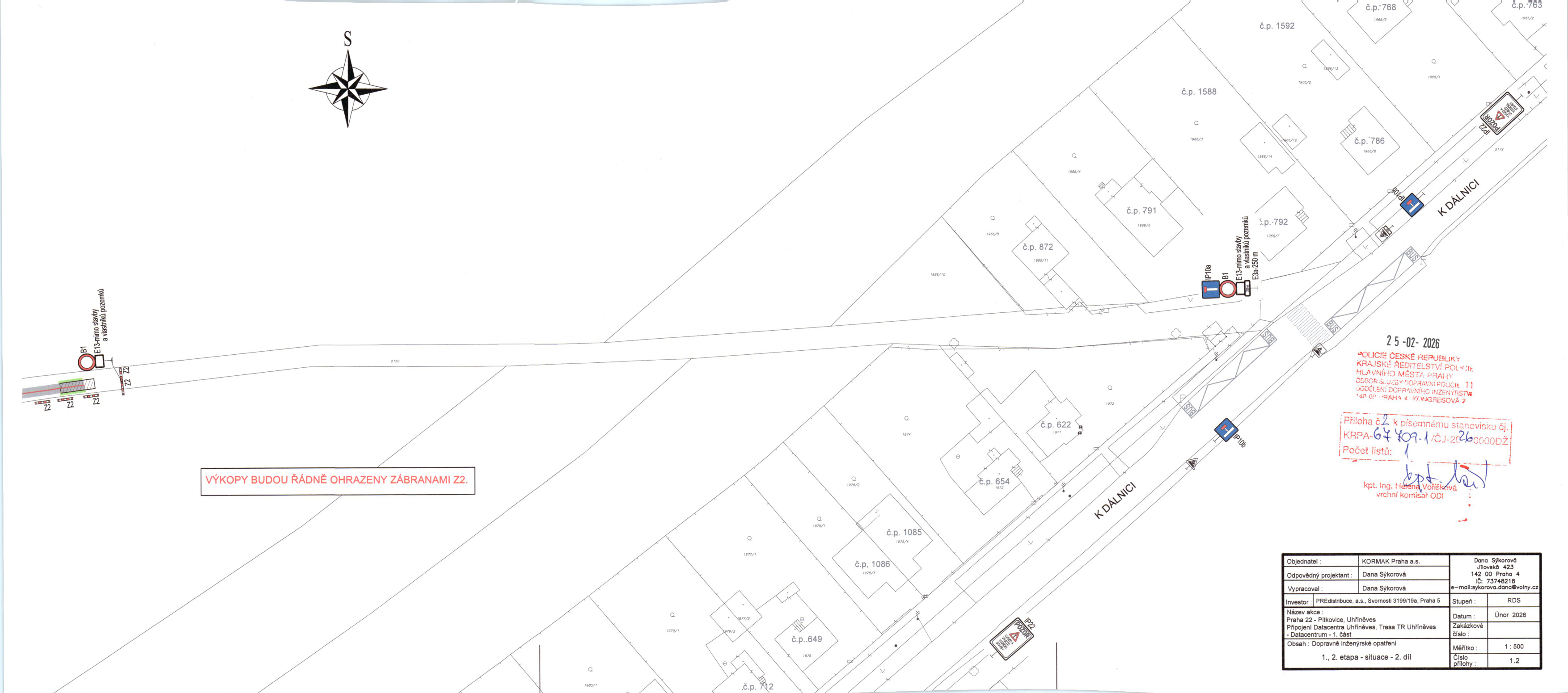 Koordinační situační výkres dopravního značení pro provádění výkopových prací.