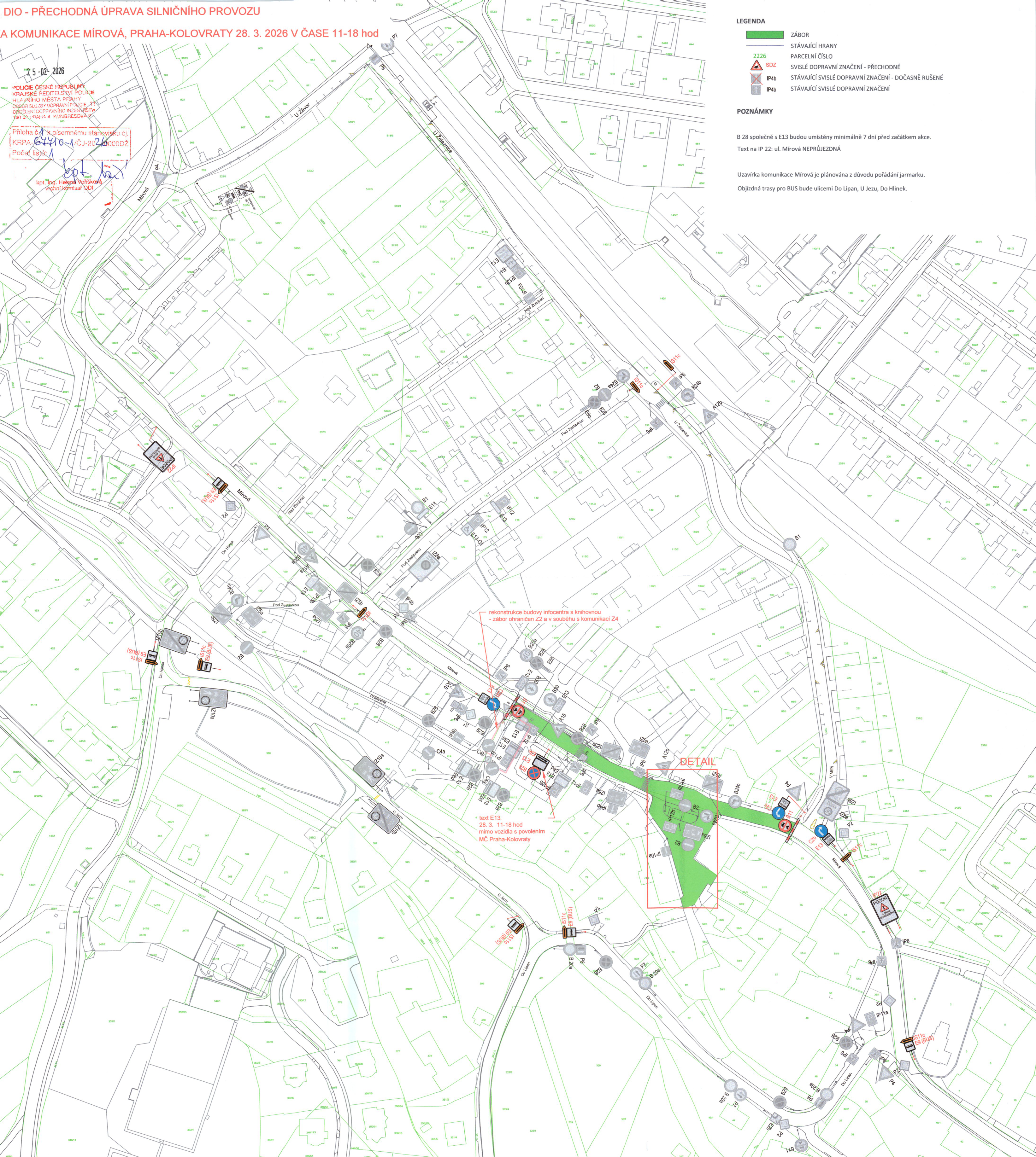 Situační nákres dopravního značení a uzavírky komunikace Mírová v Praze-Kolovratech.