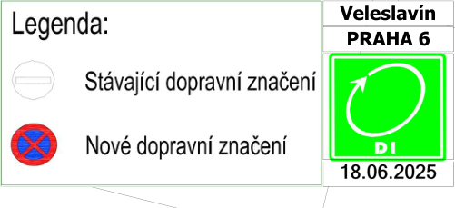Legenda k dopravnímu značení: 'Stávající dopravní značení' (symbol zákazu vjezdu) a 'Nové dopravní značení' (symbol zákazu zastavení). V pravé části je uvedeno: 'Veleslavín', 'PRAHA 6', grafický symbol kruhového objezdu s textem 'DI' a datum '18.06.2025'.