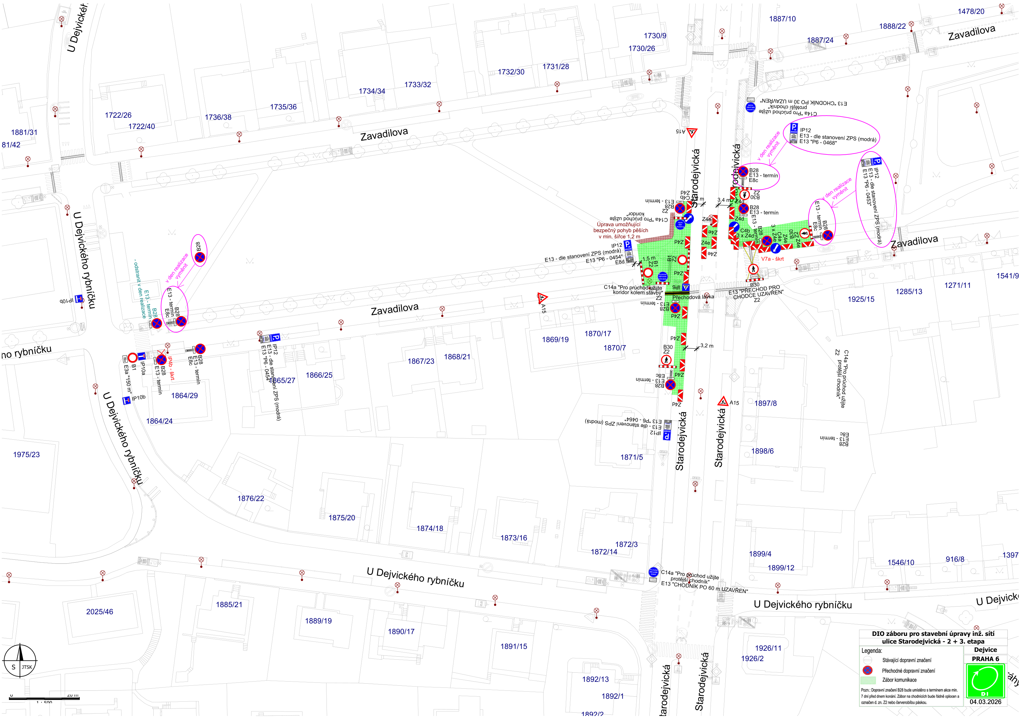 Plán DIO (dopravně inženýrského opatření) pro stavební úpravy inženýrských sítí v ulici Starodejvická (2. a 3. etapa), Praha 6, ze dne 04.03.2026. Mapa zobrazuje dočasné dopravní značení, uzavírky chodníků a zábor komunikací v oblasti ulic Starodejvická, Zavadilova a U Dejvického rybníčku. Obsahuje legendu: stávající dopravní značení, přechodné dopravní značení, zábor komunikace. Textové poznámky na plánu: 'Dopravní značení B28 bude umístěno v termínu akce min. 7 dní před dnem konání. Zábor na chodnících bude řádně oplocen a označen č. zn. Z2 nebo červenobílou páskou', 'PŘECHOD PRO CHODCE UZAVŘEN', 'Pro průchod užijte protilehlý chodník', 'Úprava umožňující bezpečný pohyb pěších v min. šířce 1,2 m'. V mapě jsou uvedena čísla parcel (např. 1730/9, 1867/23, 1868/21, 1870/17, 1872/3, 1891/15, 1926/2 atd.).