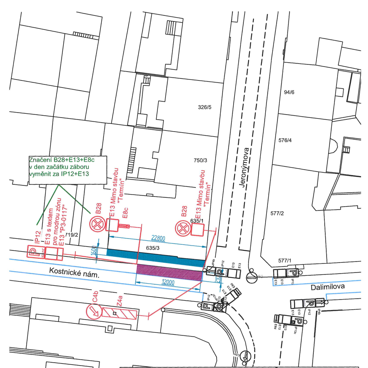 Situační nákres dopravního značení a záboru veřejného prostranství na Kostnickém náměstí.