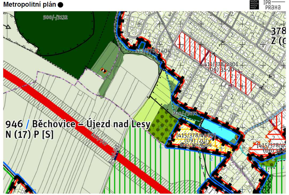 Výřez z Metropolitního plánu Prahy zobrazující územní plánování v oblasti Běchovic a Újezda nad Lesy.