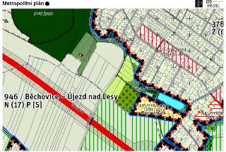 Výřez z Metropolitního plánu Prahy zobrazující územní plánování v oblasti Běchovic a Újezda nad Lesy.