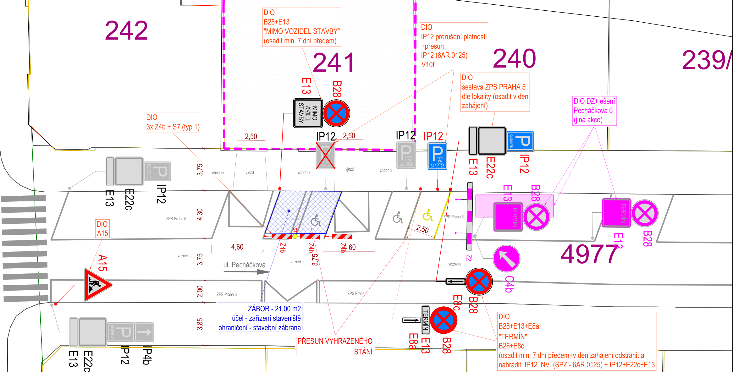 Schéma DIO (dopravně inženýrského opatření) pro zábor veřejného prostranství a stavební práce v ulici Pecháčkova.
