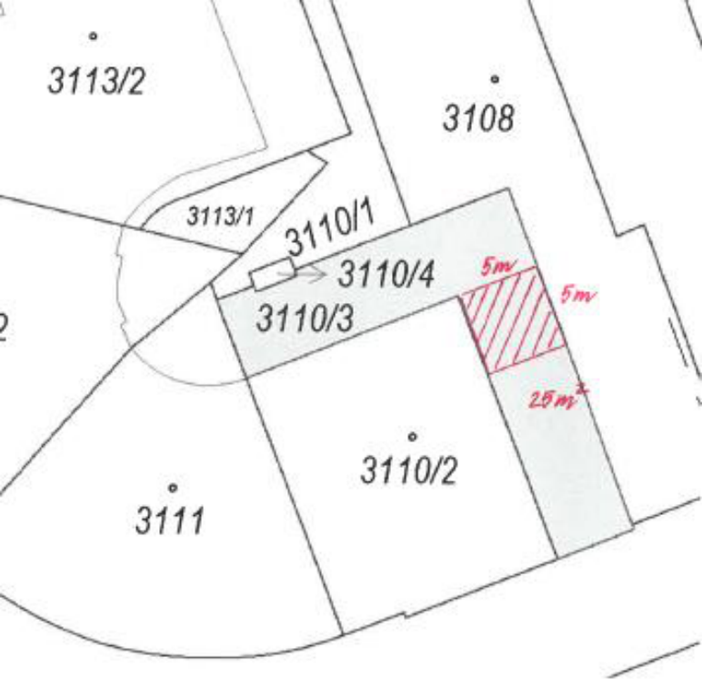 Výřez katastrální mapy se zákresem dotčených pozemků a vyznačenou plochou o výměře 25 m².