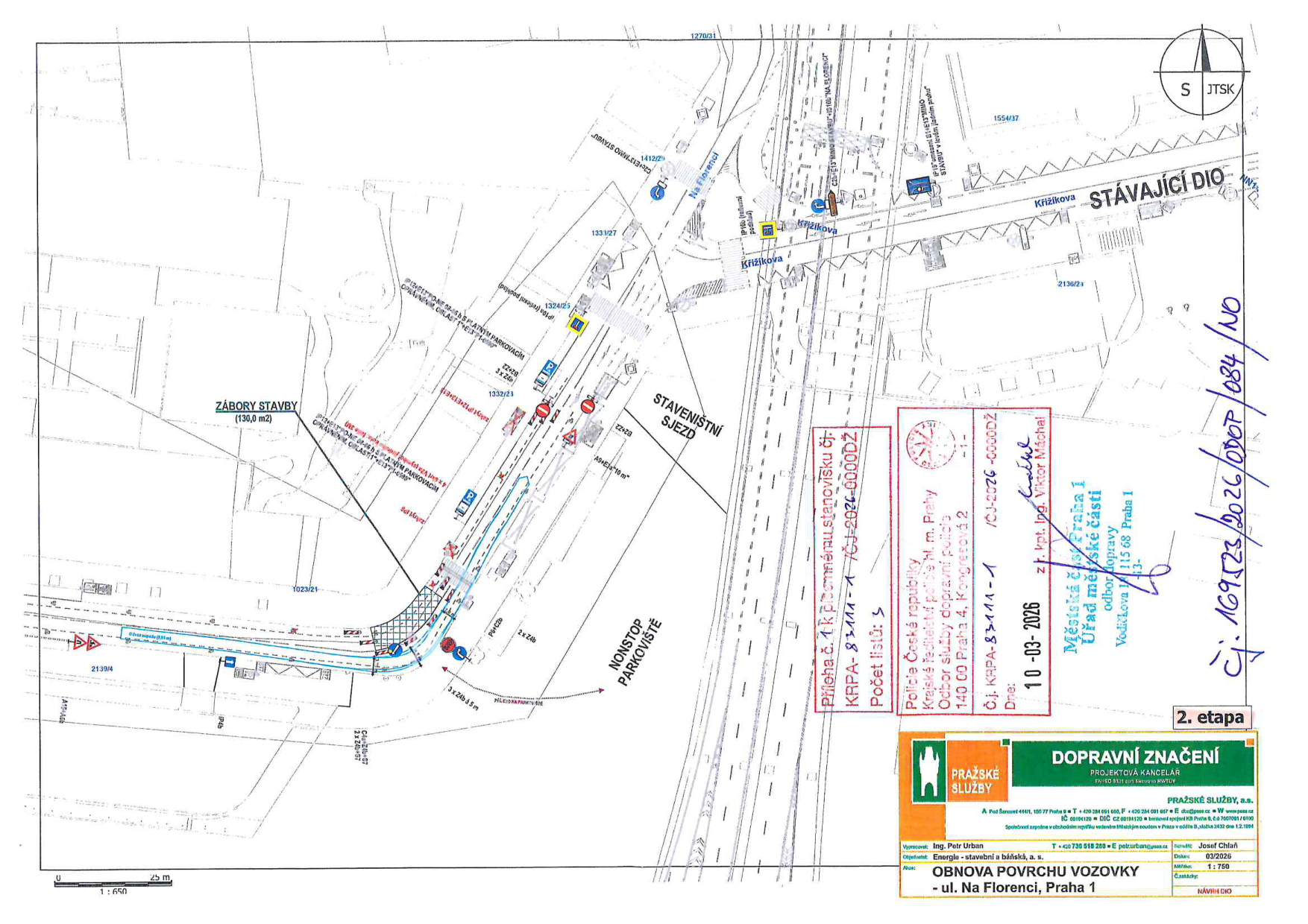 Situační nákres dopravního značení a záboru stavby v ulici Na Florenci v Praze.