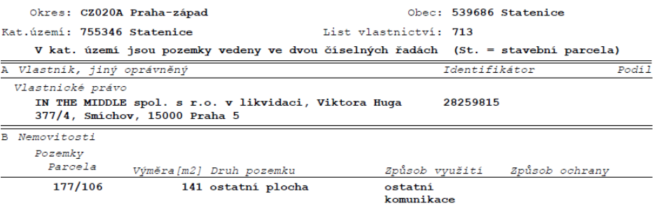 Výpis z katastru nemovitostí, List vlastnictví: 713, Okres: CZ020A Praha-západ, Obec: 539686 Statenice, Katastrální území: 755346 Statenice. Vlastník: IN THE MIDDLE spol. s r.o. v likvidaci, Viktora Huga 377/4, Smíchov, 15000 Praha 5, Identifikátor: 28259815. Nemovitosti - Pozemky: Parcela 177/106, Výměra 141 m2, Druh pozemku: ostatní plocha, Způsob využití: ostatní komunikace.