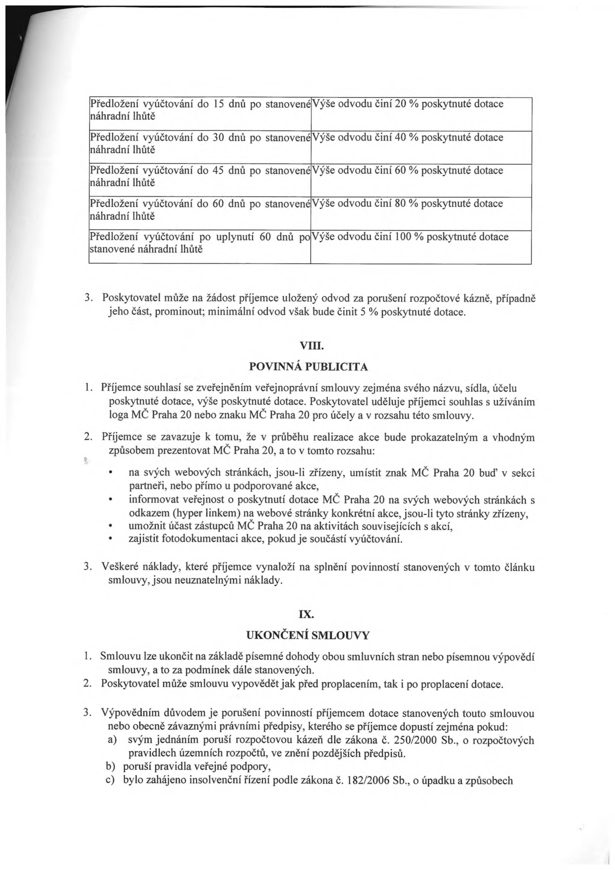 Část smlouvy o poskytnutí dotace obsahující tabulku sankcí za pozdní vyúčtování a články VIII a IX. Tabulka sankcí: Předložení vyúčtování do 15 dnů po stanovené náhradní lhůtě: odvod 20 % dotace; do 30 dnů: 40 %; do 45 dnů: 60 %; do 60 dnů: 80 %; po uplynutí 60 dnů: 100 %. Bod 3: Poskytovatel může na žádost příjemce odvod prominout, minimálně však 5 %. Článek VIII: Povinná publicita. Příjemce souhlasí se zveřejněním smlouvy a loga MČ Praha 20. Příjemce se zavazuje prezentovat MČ Praha 20 na webových stránkách, informovat veřejnost o dotaci, umožnit účast zástupců MČ Praha 20 na akcích a zajistit fotodokumentaci. Náklady na publicitu jsou neuznatelné. Článek IX: Ukončení smlouvy. Smlouvu lze ukončit dohodou nebo výpovědí. Poskytovatel může vypovědět smlouvu před i po proplacení dotace. Výpovědní důvody: porušení rozpočtové kázně (zákon č. 250/2000 Sb.), porušení pravidel veřejné podpory, zahájení insolvenčního řízení (zákon č. 182/2006 Sb.).