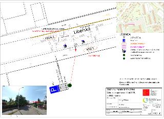 Situační plán a projektové schémata pro vyhrazená parkovací stání (EVR) na ulici Liběřská, parcely č. 1934/1 a 420/1, Praha. Legenda zahrnuje stávající DZ, nov…