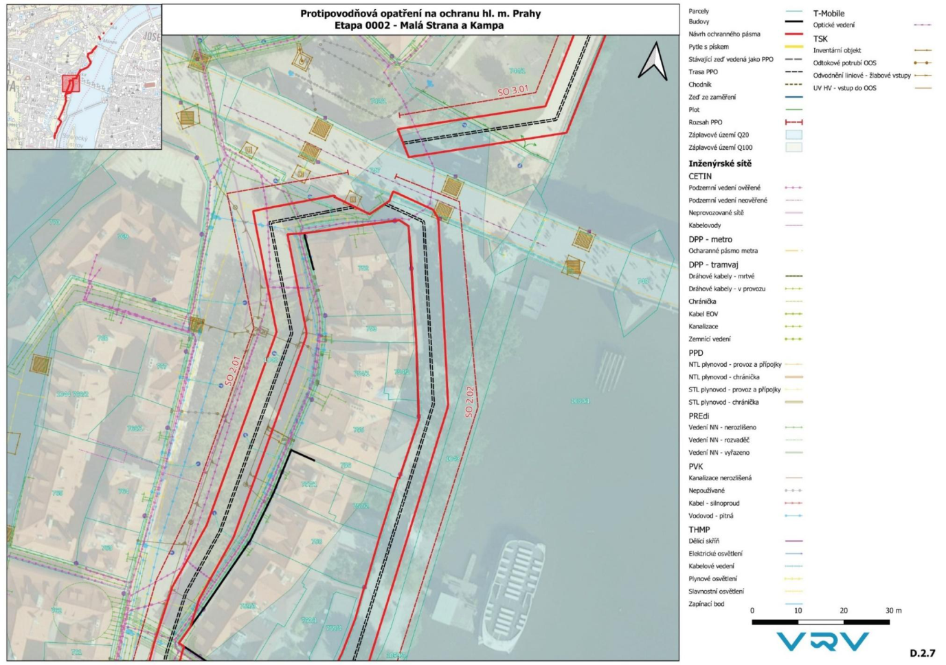 Situační plán protipovodňových opatření v lokalitě Malá Strana a Kampa v Praze.