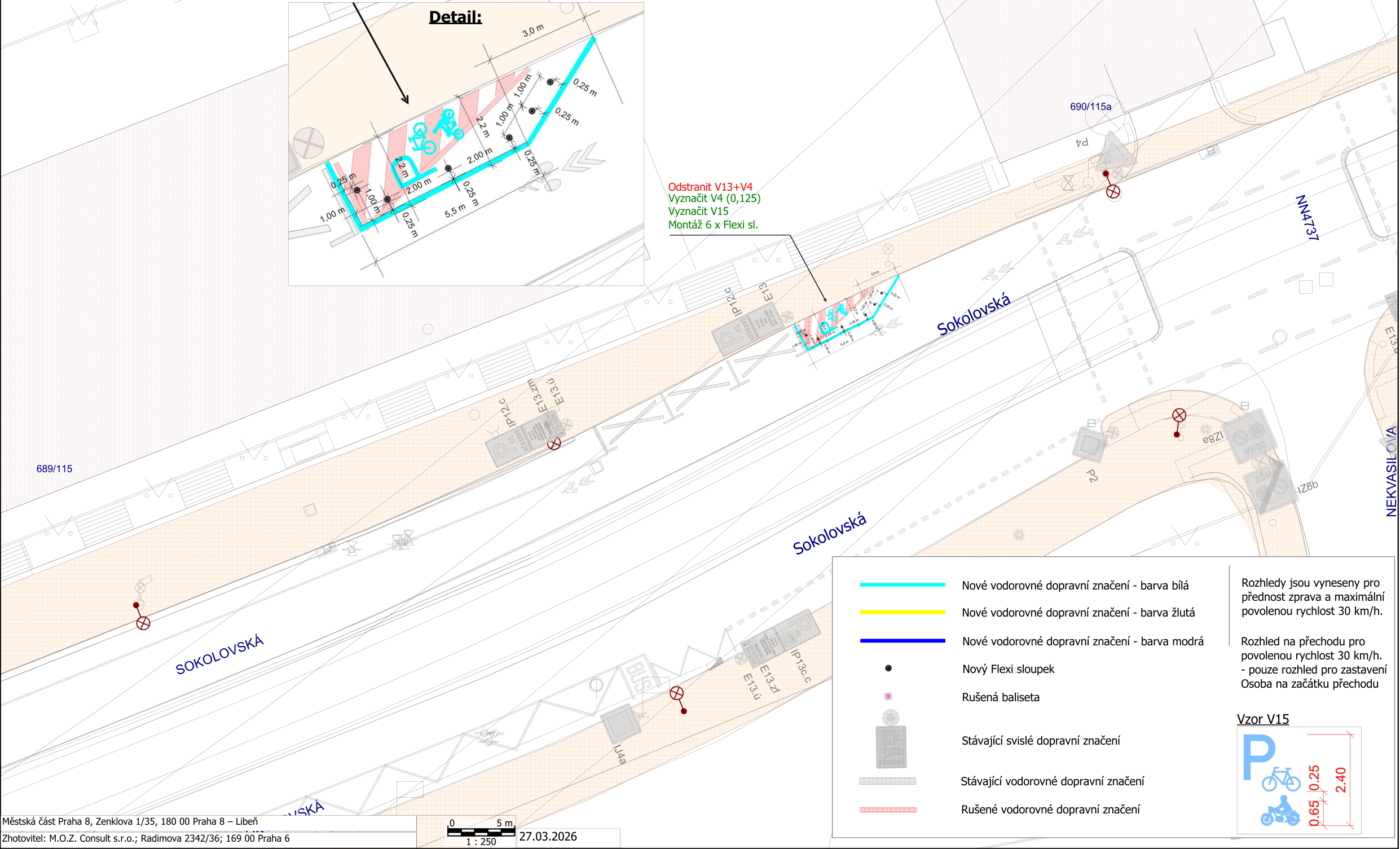 Situační nákres dopravního značení v ulici Sokolovská, Praha 8. Dokument obsahuje detailní schéma úpravy parkovacího místa pro cyklisty. Textové informace: 'Detail:', 'Odstranit V13+V4', 'Vyznačit V4 (0,125)', 'Vyznačit V15', 'Montáž 6 x Flexi sl.', 'Sokolovská', '690/115a', 'NN4737', '689/115', 'IP12.c', 'E13.zm', 'E13.ú', 'E13', 'IP13.c', 'E13.zf', 'BUS', 'LJ4a', 'P2', 'NEKVASILOVA', 'Městská část Praha 8, Zenklova 1/35, 180 00 Praha 8 - Libeň', 'Zhotovitel: M.O.Z. Consult s.r.o.; Radimova 2342/36; 169 00 Praha 6', '27.03.2026'. Legenda: 'Nové vodorovné dopravní značení - barva bílá', 'Nové vodorovné dopravní značení - barva žlutá', 'Nové vodorovné dopravní značení - barva modrá', 'Nový Flexi sloupek', 'Rušená baliseta', 'Stávající svislé dopravní značení', 'Stávající vodorovné dopravní značení', 'Rušené vodorovné dopravní značení'. Poznámky: 'Rozhledy jsou vyneseny pro přednost zprava a maximální povolenou rychlost 30 km/h.', 'Rozhled na přechodu pro povolenou rychlost 30 km/h. - pouze rozhled pro zastavení Osoba na začátku přechodu'. Vzor V15: piktogram parkoviště s kolem.