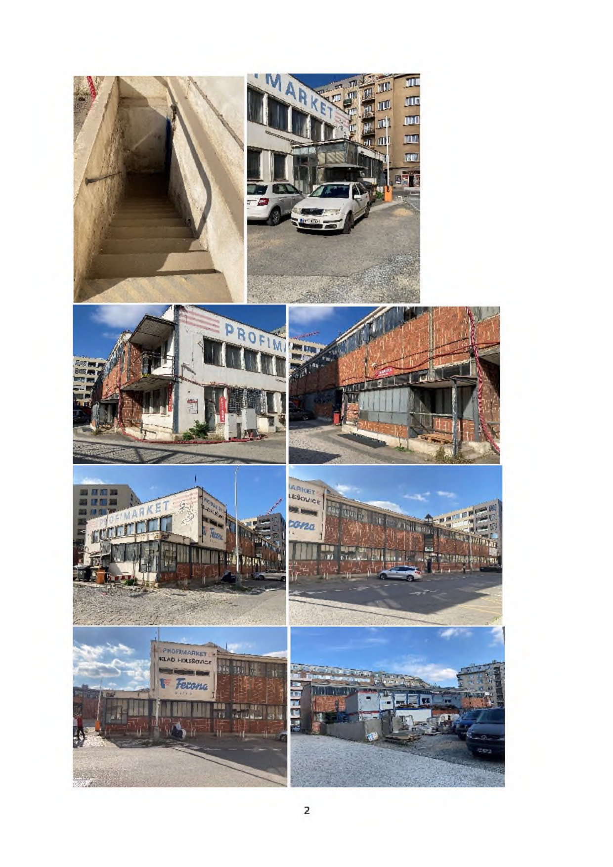 Fotografie exteriéru budovy a areálu 'PROFIMARKET' v Holešovicích. Na budovách jsou viditelné nápisy 'PROFIMARKET', 'KLAD HOLEŠOVICE' a 'Fecona'.