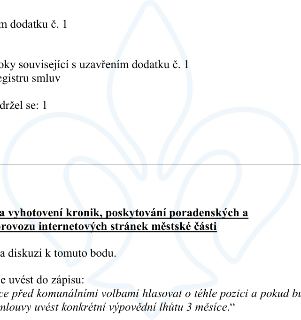 Výňatek z úředního zápisu: 'm dodatku č. 1', 'oky související s uzavřením dodatku č. 1', 'egistru smluv', 'držel se: 1', 'vyhotovení kronik, poskytování porade…