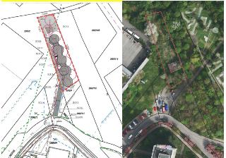 Porovnání stavebního plánu a ortofotomapy dotčeného území. Jsou vyznačeny parcely (např. 2702/1, 2692/105, 2692/112, 2690/2, 2692/52, 1354/8a) a stavební objek…