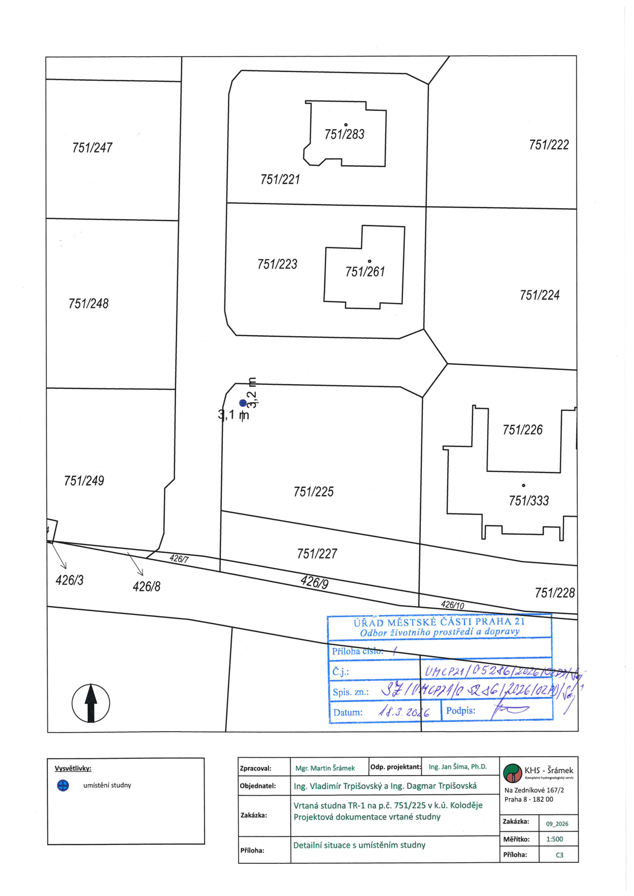 Situační nákres umístění vrtané studny na parcele č. 751/225 v katastrálním území Koloděje.