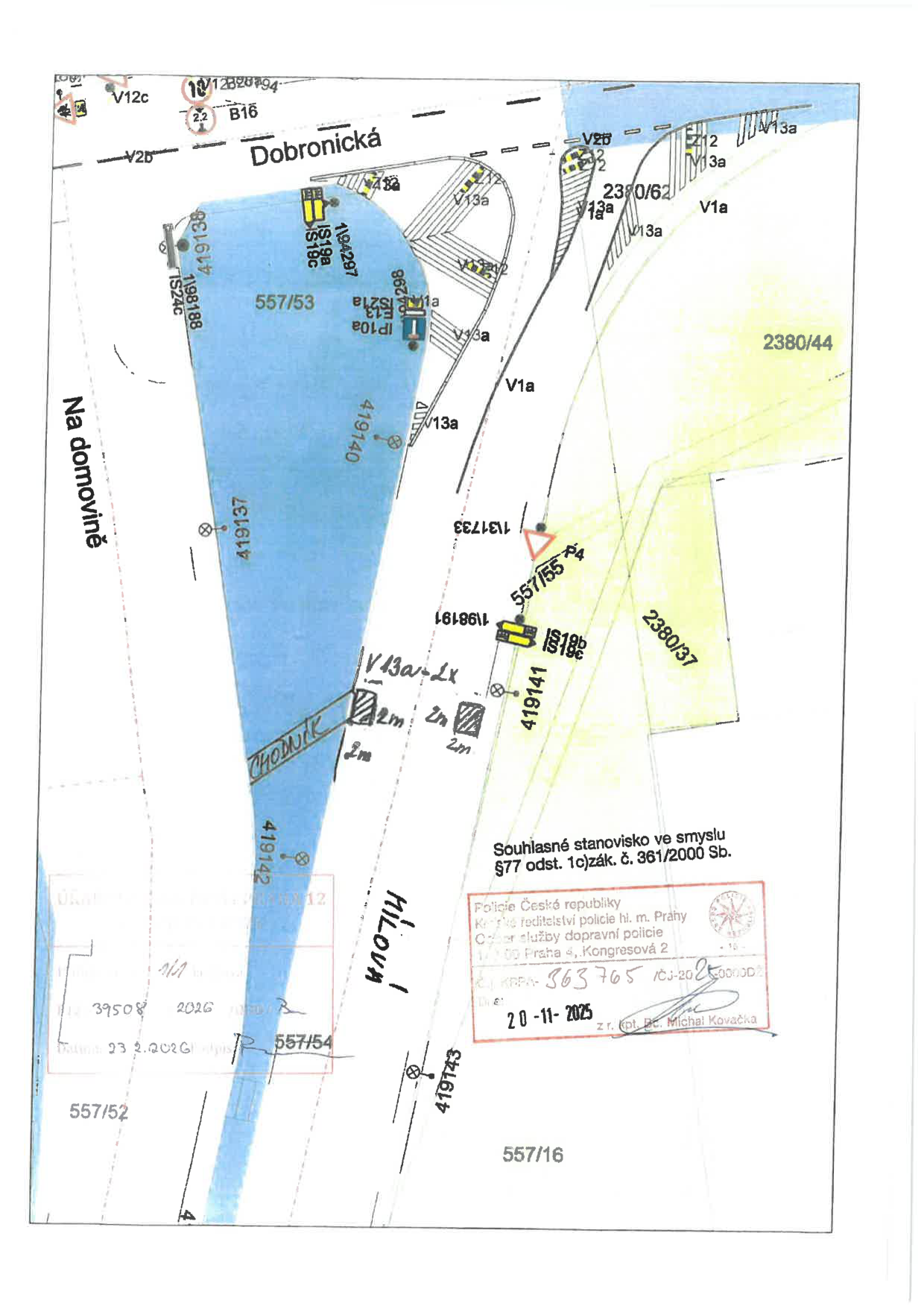 Dopravně-inženýrský situační nákres se zákresem dopravního značení a razítkem Policie ČR.
