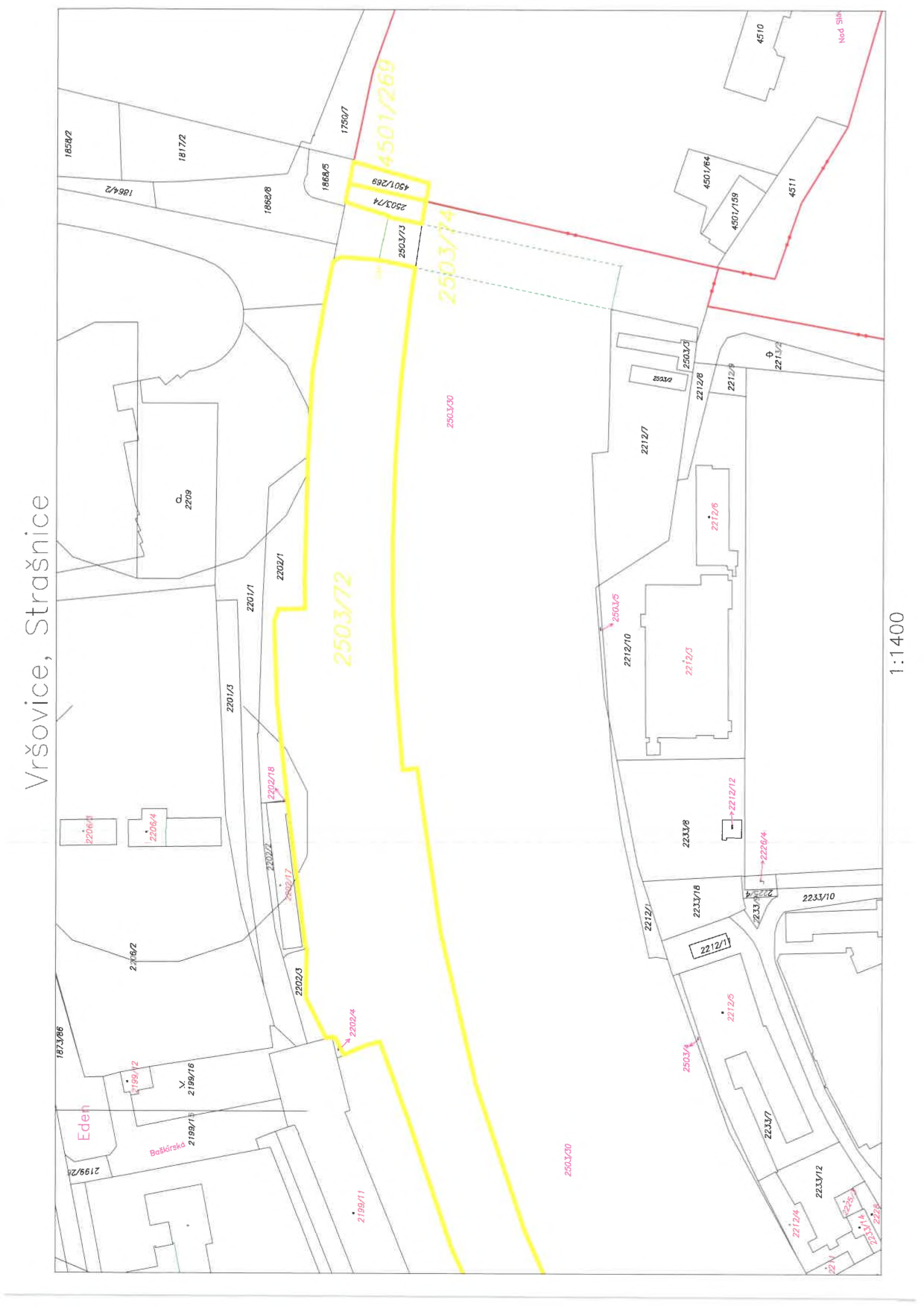 Katastrální mapa oblasti Vršovice, Strašnice. Zobrazené parcely zahrnují mimo jiné: 1858/2, 1864/2, 1817/2, 1868/8, 1868/5, 1759/7, 4501/269, 2503/74, 2503/13, 2503/30, 2503/72, 2201/1, 2201/3, 2202/1, 2202/2, 2202/3, 2202/4, 2206/1, 2206/4, 2199/12, 2199/13, 2199/16, 1873/88, 2199/21, 2212/10, 2212/7, 2212/3, 2212/6, 2212/9, 2212/1, 2212/5, 2212/8, 2212/12, 2233/18, 2233/7, 2233/12, 2233/10, 2226/4, 2233/4, 2225, 2223/14, 2228, 4510, 4501/64, 4501/159, 2213/2. V mapě je vyznačen nápis 'Eden' a měřítko 1:1400.