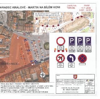 ZÁKÁZKA: 26486, TERMÍN: 11.11.2026 6:00h - 22:00h. Název akce: MARTIN NA BÍLÉM KONI, HK, VELKÉ NÁMĚSTÍ. Dopravně inženýrské opatření (DIO) - situace, mapa územ…