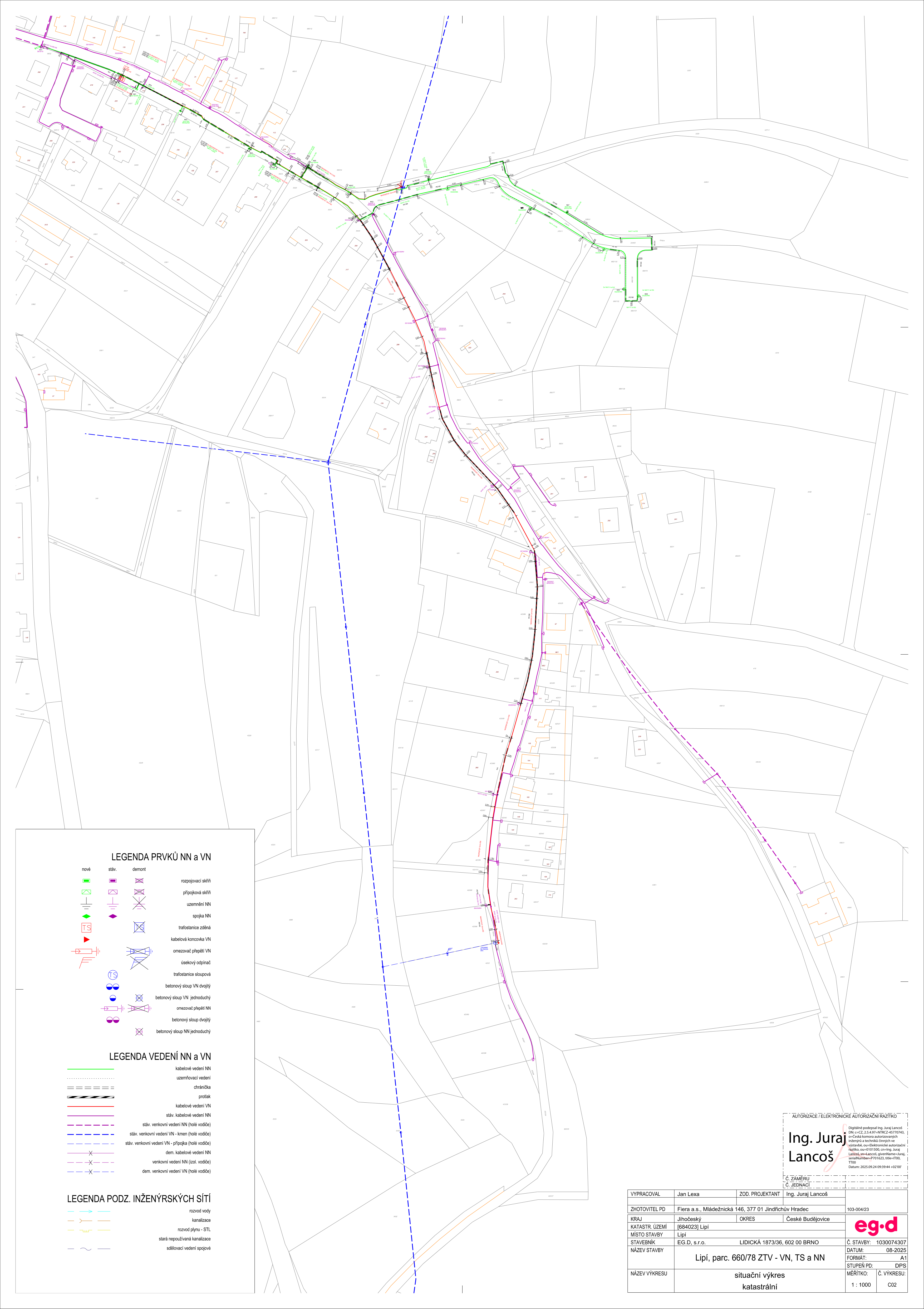 Situační výkres stavby 'Lipí, parc. 660/78 ZTV - VN, TS a NN'. Dokument obsahuje katastrální mapu s vyznačením inženýrských sítí (VN, NN, plyn, kanalizace). Zhotovitel PD: Fiera a.s., Jindřichův Hradec. Projektant: Ing. Juraj Lancoš. Stavebník: E.G.D. s.r.o. Datum: 08-2025. Měřítko: 1:1000. Legenda obsahuje značky pro prvky NN a VN (přípojkové skříně, uzemnění, spojky, trafostanice, sloupy) a typy vedení (kabelové, venkovní, chráničky).