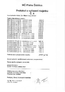 MČ Praha Ďáblice, Protokol o vyřazení majetku č. 4. Inventarizační místo: 39 – Místní hospodářství. Seznam majetku: 8x pivní set (2015) á 2288,90 Kč; 4x koš na…