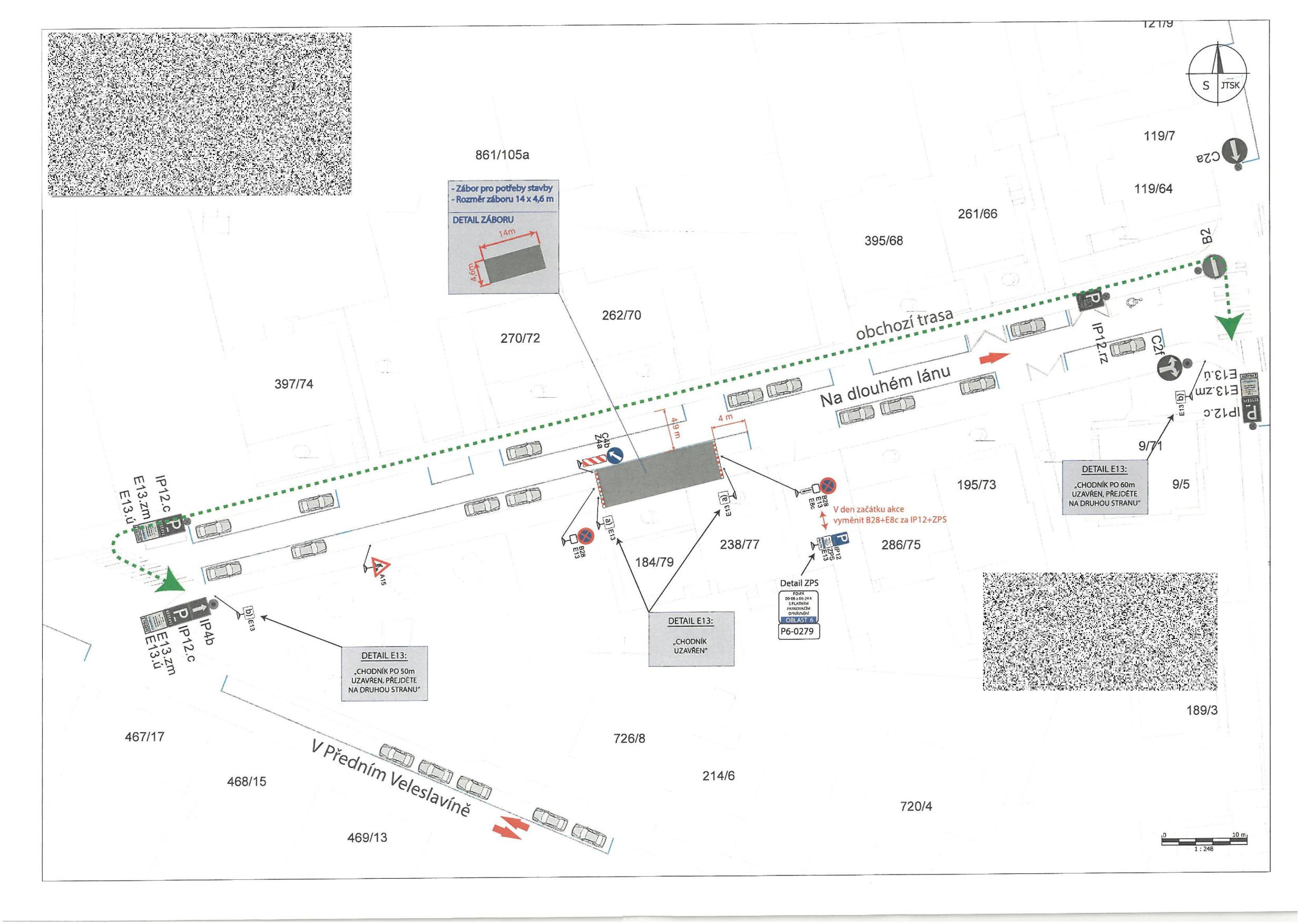Situační nákres dopravního značení a záboru komunikace pro stavební práce v ulici Na dlouhém lánu.