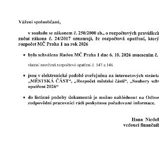 Vážení spoluobčané, v souladu se zákonem č. 250/2000 sb., o rozpočtových pravidlech... v znění zákona č. 24/2017 oznamuji, že rozpočtová opatření, který rozpoč…