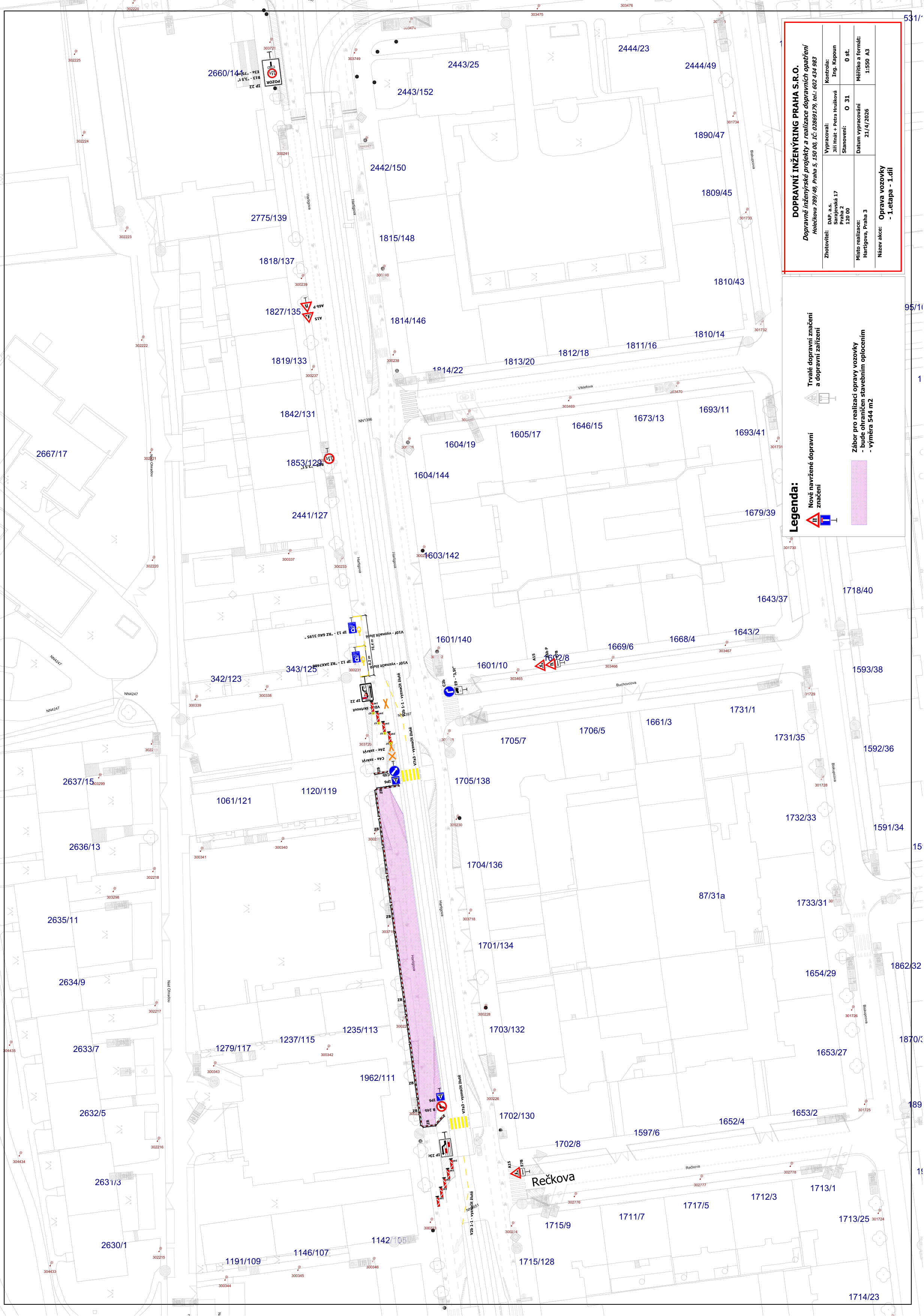 Situační nákres dopravního značení pro opravu vozovky v Praze (ulice Hartigova). Dokument obsahuje: název akce 'Oprava vozovky - 1. etapa - 1.díl', datum 21/4/2026, zpracovatel 'DOPRAVNÍ INŽENÝRING PRAHA S.R.O.', měřítko 1:500 A3. Legenda obsahuje značení pro nové dopravní značení a zábor pro realizaci opravy vozovky (výměra 544 m2). Mapa zobrazuje katastrální čísla parcel v okolí ulice Hartigova a Rečkova, včetně rozmístění dopravních značek a vymezení uzavřeného prostoru.
