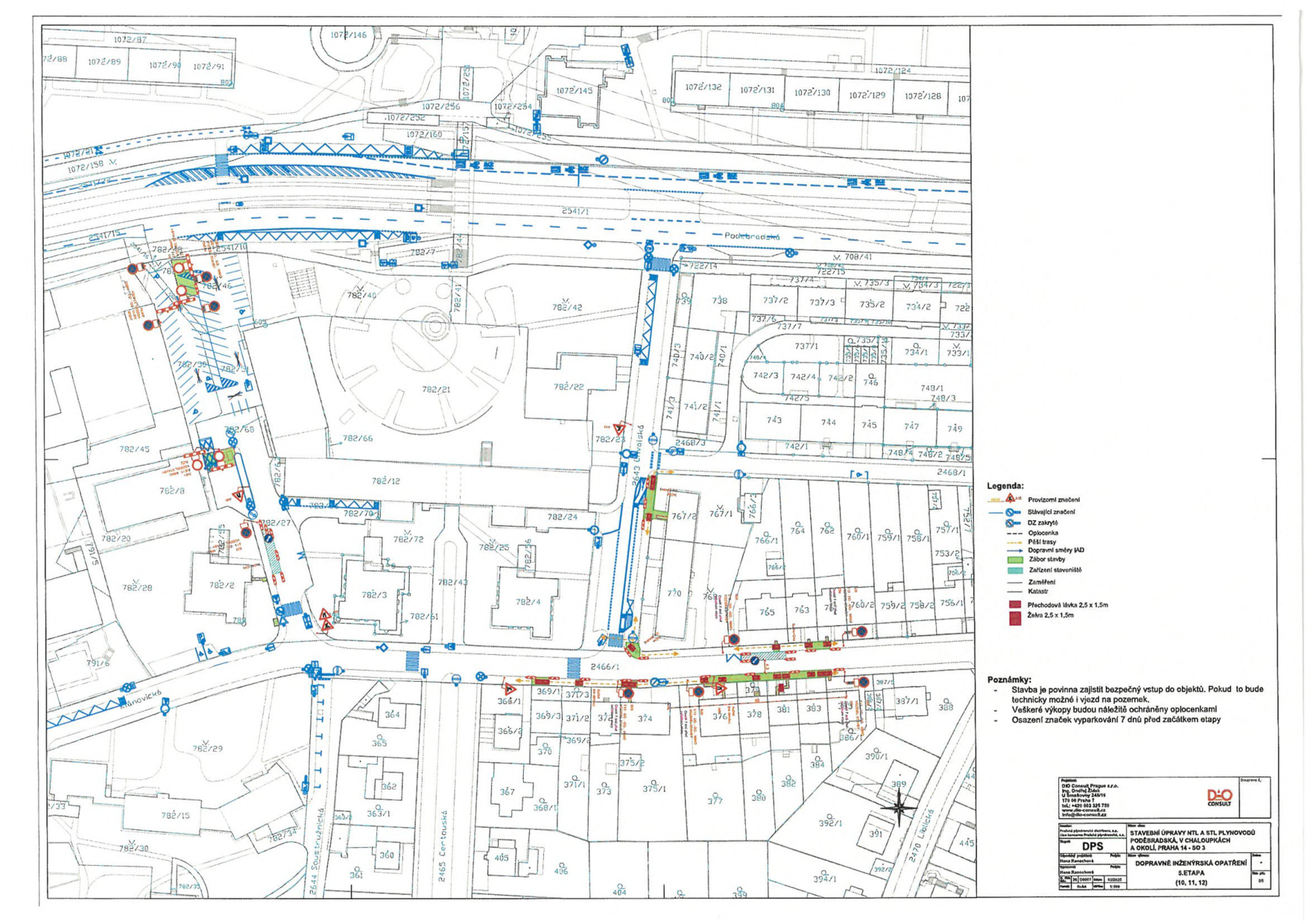Koordinační situační výkres dopravního značení a záboru pro stavbu STL plynovodu v ulici Poděbradská.