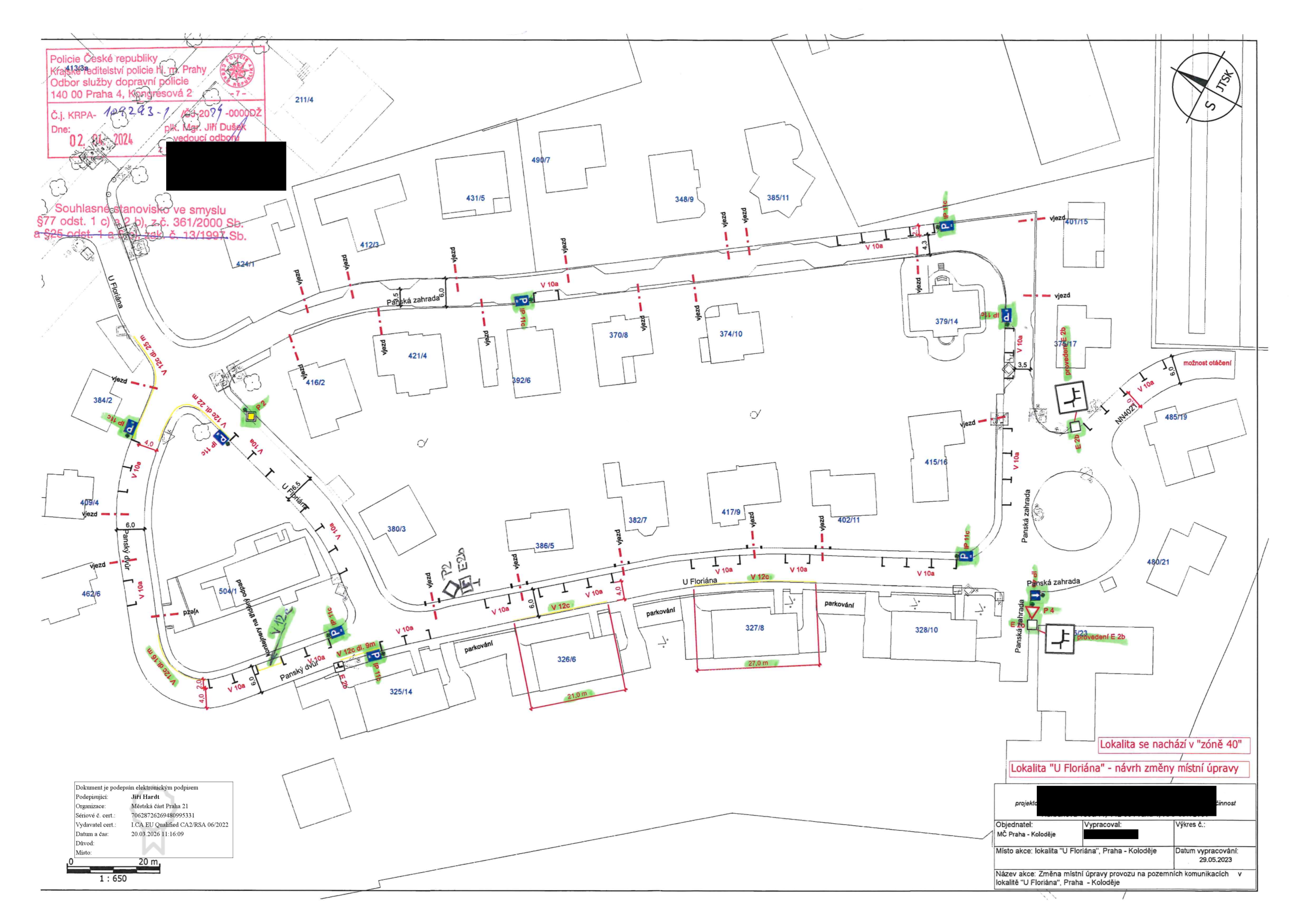Situační nákres dopravního značení a úprav místního provozu v lokalitě U Floriána v Praze-Kolodějích.