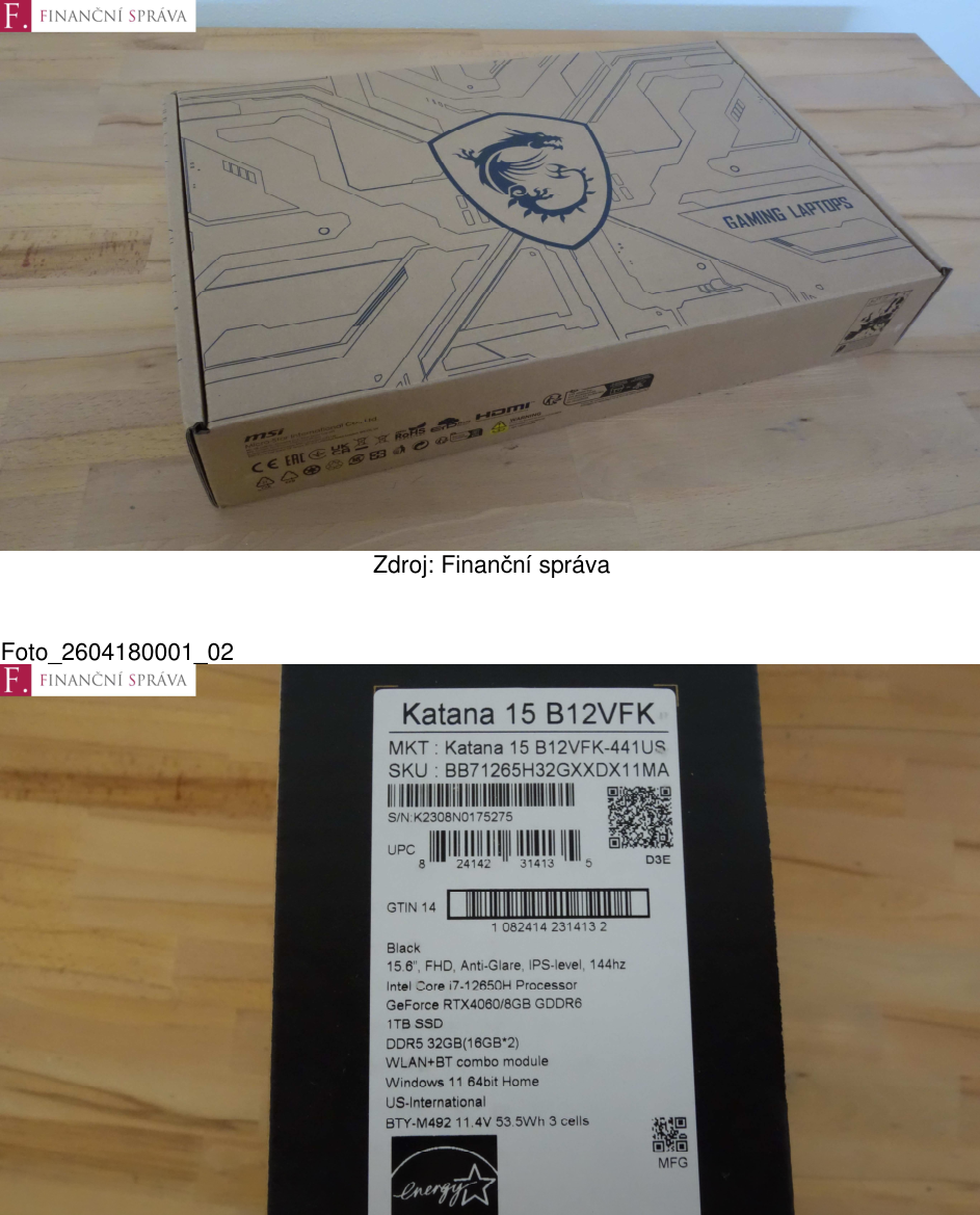 Fotografie balení herního notebooku MSI a detailní štítek s technickými parametry: Katana 15 B12VFK, MKT: Katana 15 B12VFK-441US, SKU: BB71265H32GXXDX11MA, S/N: K2308N0175275, UPC: 8 24142 31413 5, GTIN 14: 1 082414 231413 2. Specifikace: Black, 15.6", FHD, Anti-Glare, IPS-level, 144Hz, Intel Core i7-12650H Processor, GeForce RTX4060/8GB GDDR6, 1TB SSD, DDR5 32GB(16GB*2), WLAN+BT combo module, Windows 11 64bit Home, US-International, BTY-M492 11.4V 53.5Wh 3 cells.