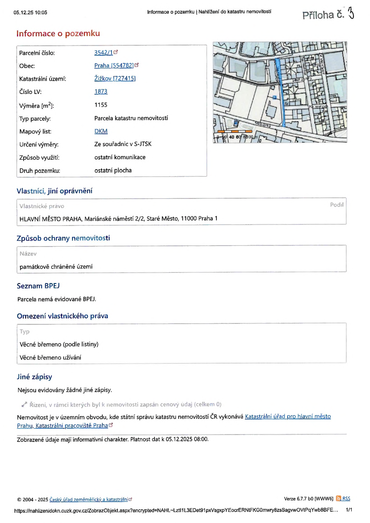Výpis z katastru nemovitostí obsahující katastrální mapu parcely č. 3542/1 v k.ú. Žižkov.