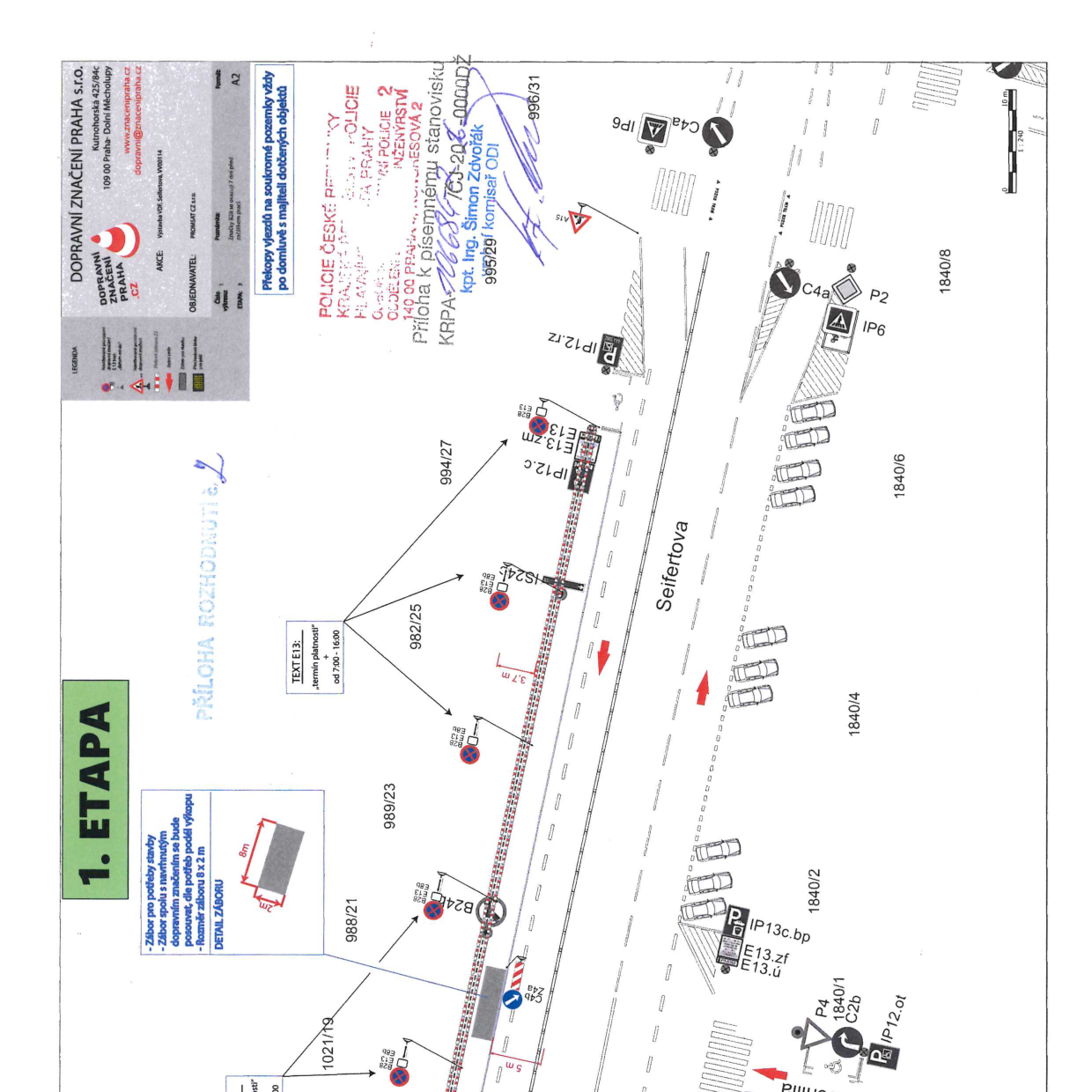 Situační nákres dopravního značení pro 1. etapu stavebních prací na ulici Seifertova.