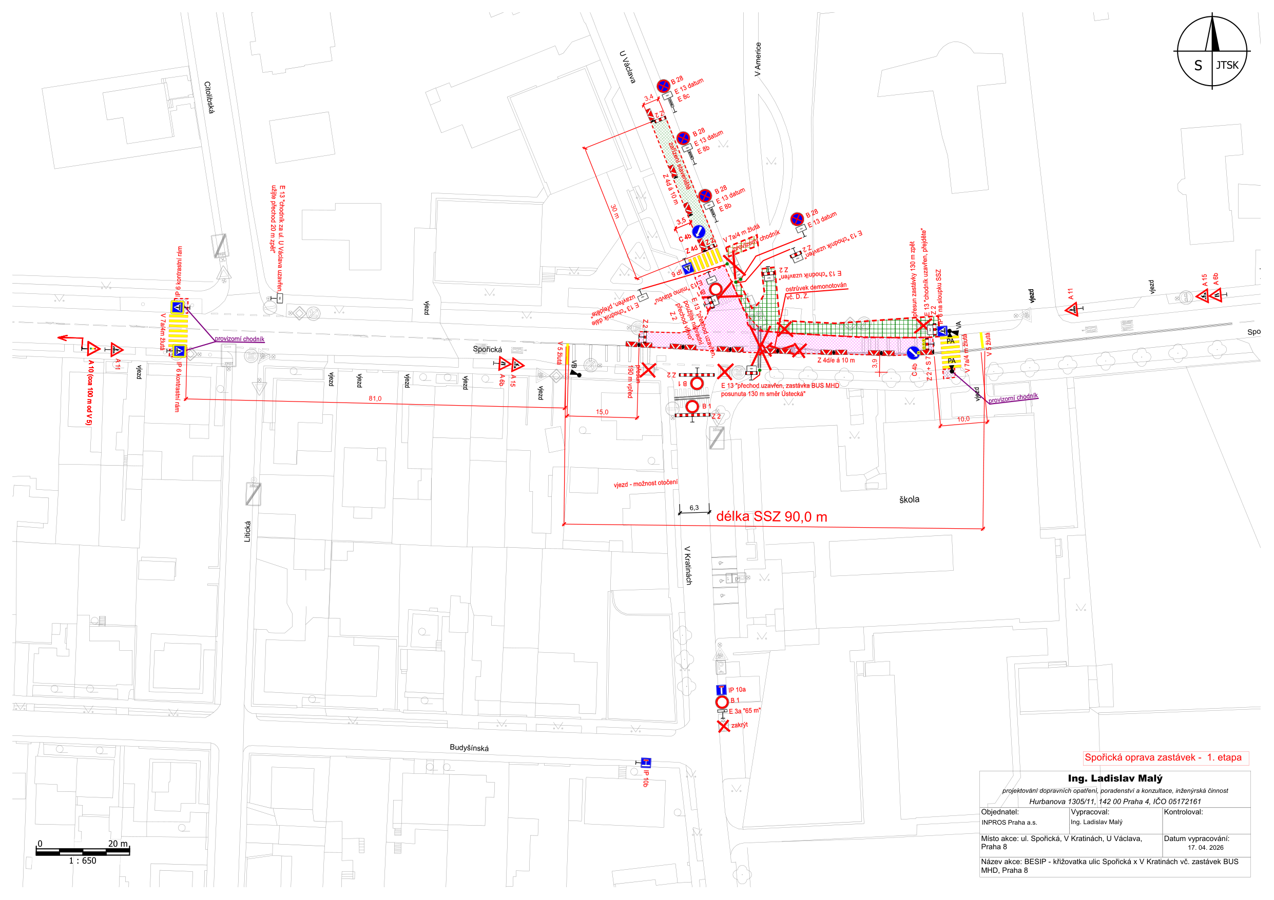 Situační nákres dopravního značení pro akci 'Spořická oprava zastávek - 1. etapa'. Dokument obsahuje plán uzavírek a změn v dopravě v oblasti ulic Spořická, V Kratinách a U Václava v Praze 8. Zahrnuje umístění dopravních značek (např. B 28, E 13, IP 6, A 11, A 15), vyznačení provizorních chodníků, přemístění zastávky MHD o 130 m směrem k Ústecké ulici a vymezení délky SSZ 90,0 m. V pravém dolním rohu je razítko: Ing. Ladislav Malý, projektování dopravních opatření, Hurbanova 1305/11, 142 00 Praha 4, IČO 05172161. Datum vypracování: 17.04.2026. Název akce: BĚSIP - křižovatka ulic Spořická x V Kratinách vč. zastávek BUS MHD, Praha 8.