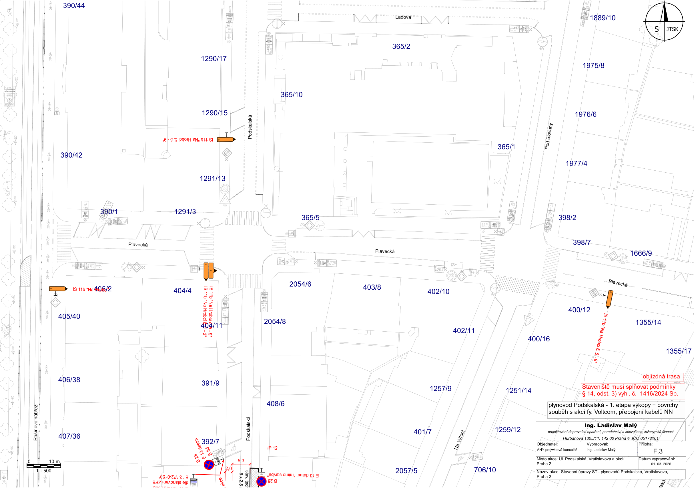 Situační nákres dopravního značení a stavebních úprav plynovodu v ulicích Podskalská a Vratislavova.