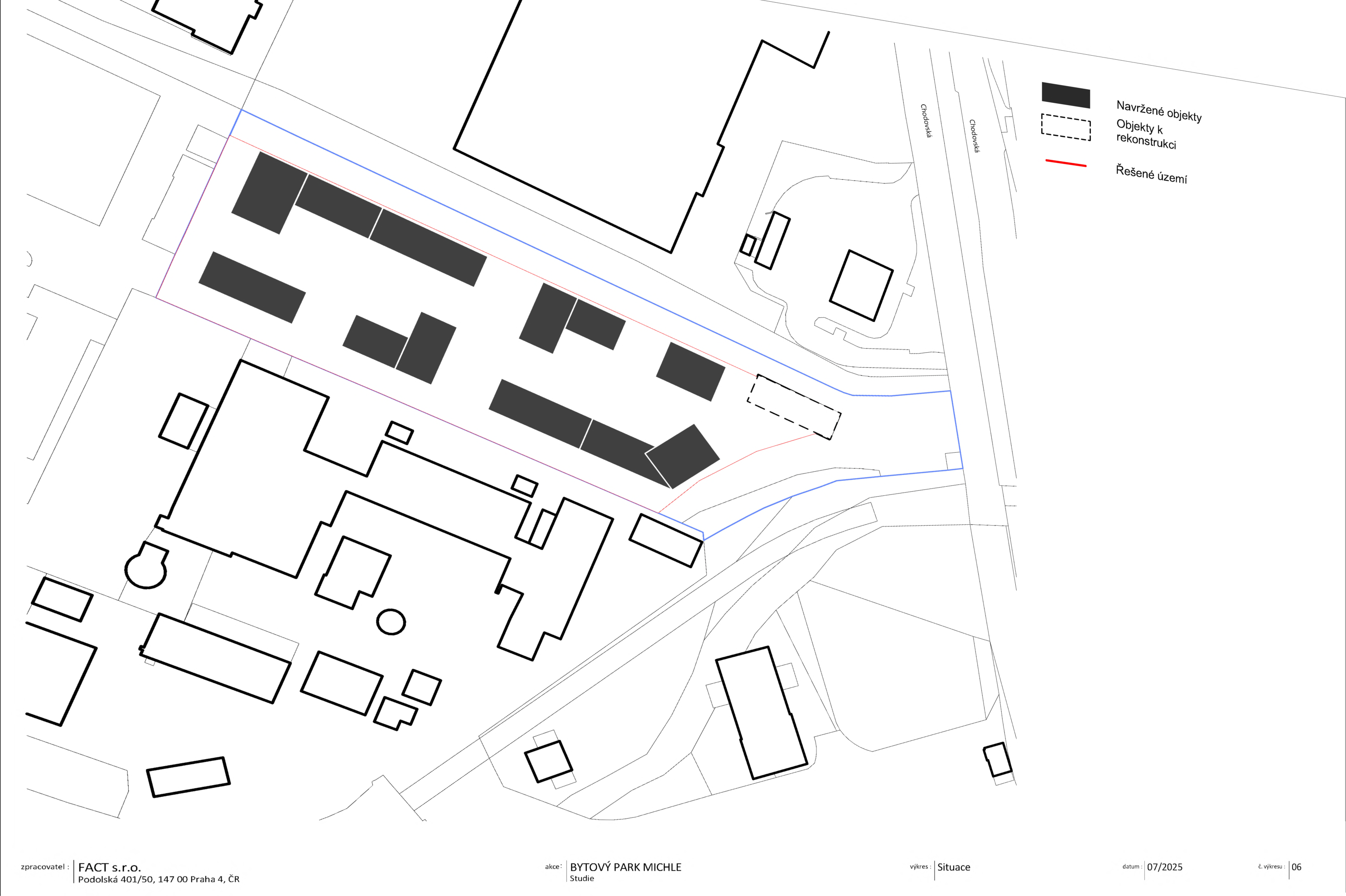 Situační výkres projektu 'BYTOVÝ PARK MICHLE'. Legenda: plné černé obdélníky představují 'Navržené objekty', přerušovaný obdélník představuje 'Objekty k rekonstrukci', červená čára značí 'Řešené území'. V mapě je patrná ulice Chodovská. Informace v patičce: zpracovatel FACT s.r.o., Podolská 401/50, 147 00 Praha 4, ČR; akce: BYTOVÝ PARK MICHLE, Studie; výkres: Situace; datum: 07/2025; č. výkresu: 06.