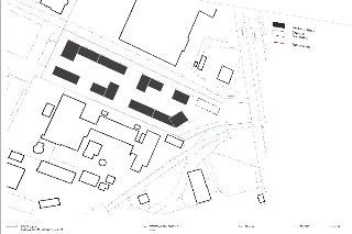 Situační výkres projektu 'BYTOVÝ PARK MICHLE'. Legenda: plné černé obdélníky představují 'Navržené objekty', přerušovaný obdélník představuje 'Objekty k rekons…