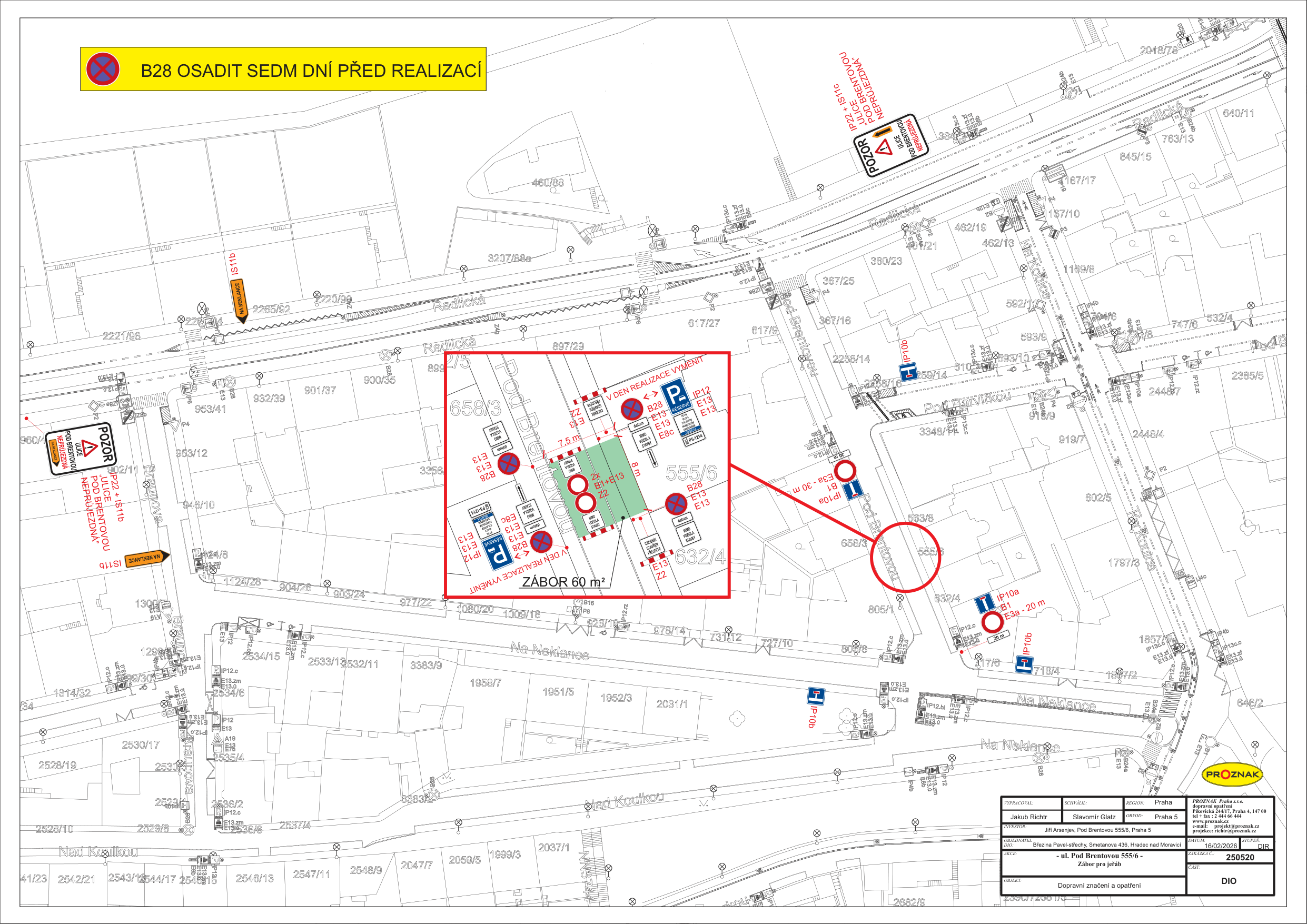Situační nákres dopravního značení (DIO) pro zábor na ulici Pod Brentovou.